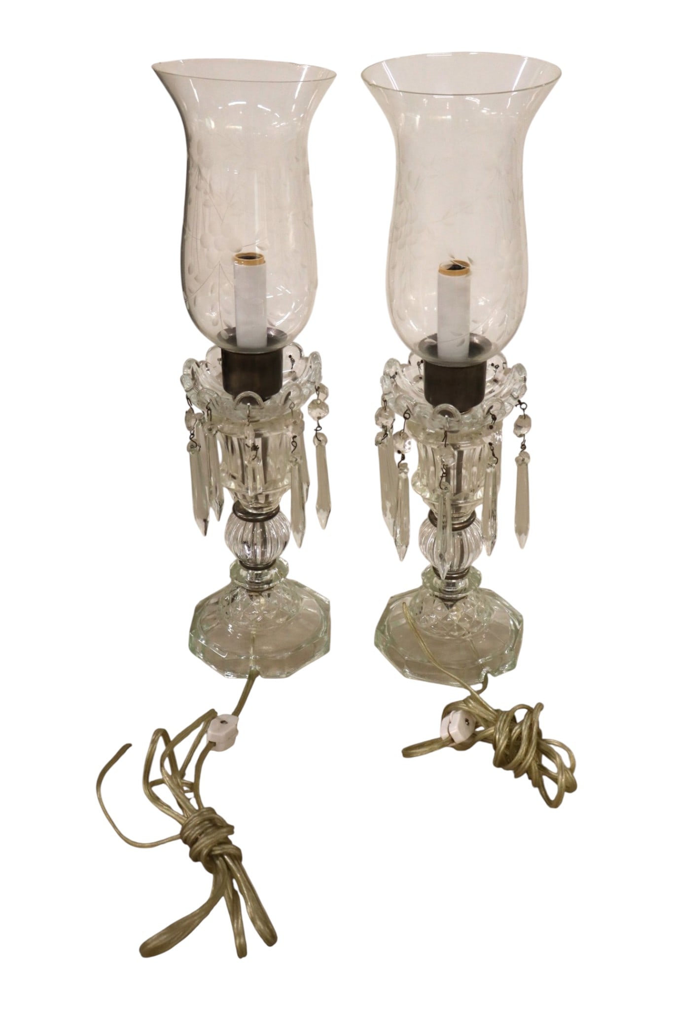 Pr VTG Crystal Prism Lamps Floral Etched Shades: Pair of vintage crystal prism lamps with flower etched shades, missing some prism and need rewired. 17"h x 4.5" diameter