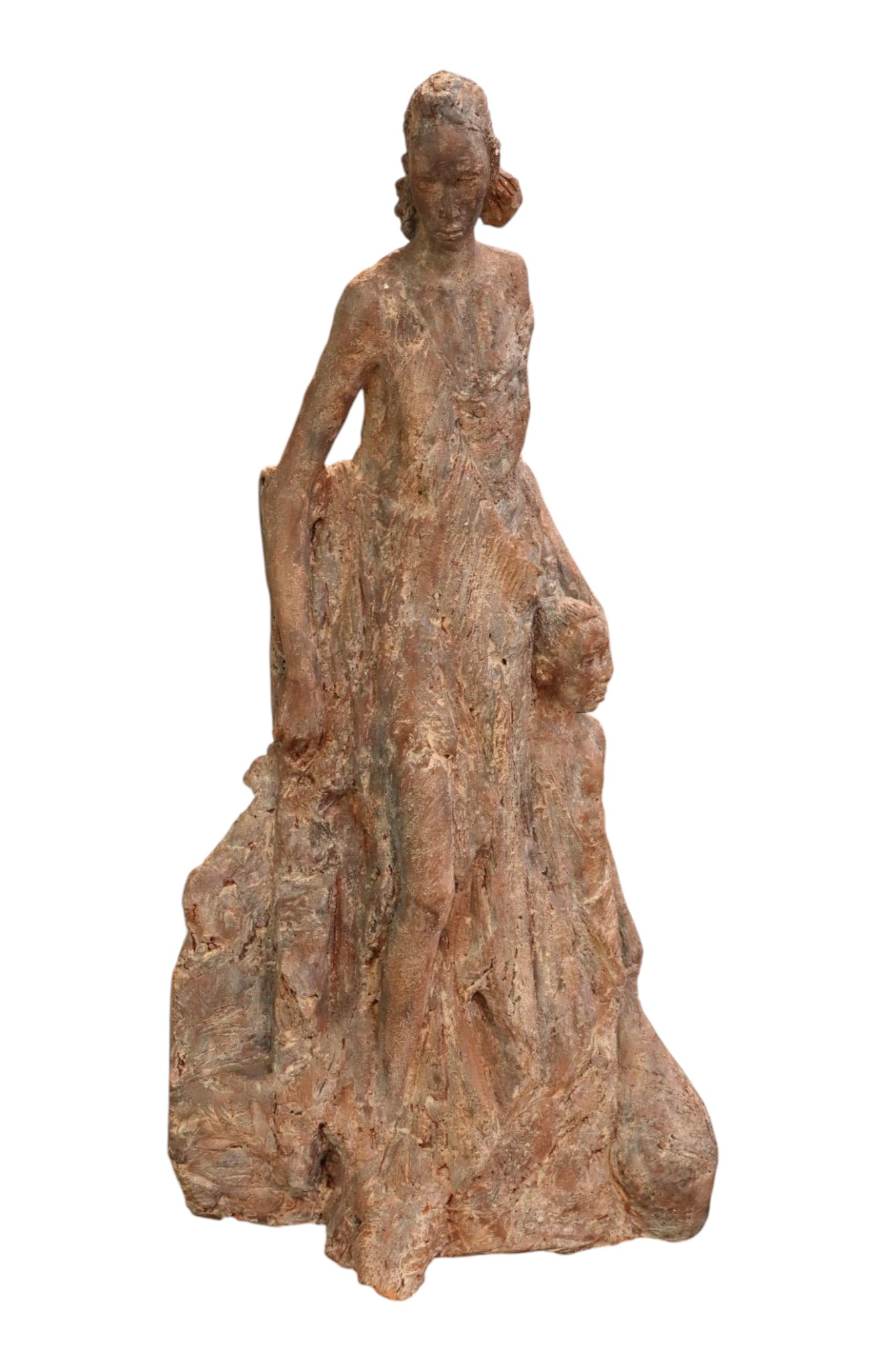 Jacqueline Spellens People Terra Cotta Sculpture: Rare Jacqueline Spellens CA artist "People" figural sculpture rotating in the terra-cotta with provenance, original cost, and appraisal. 29"h x 15" diameter