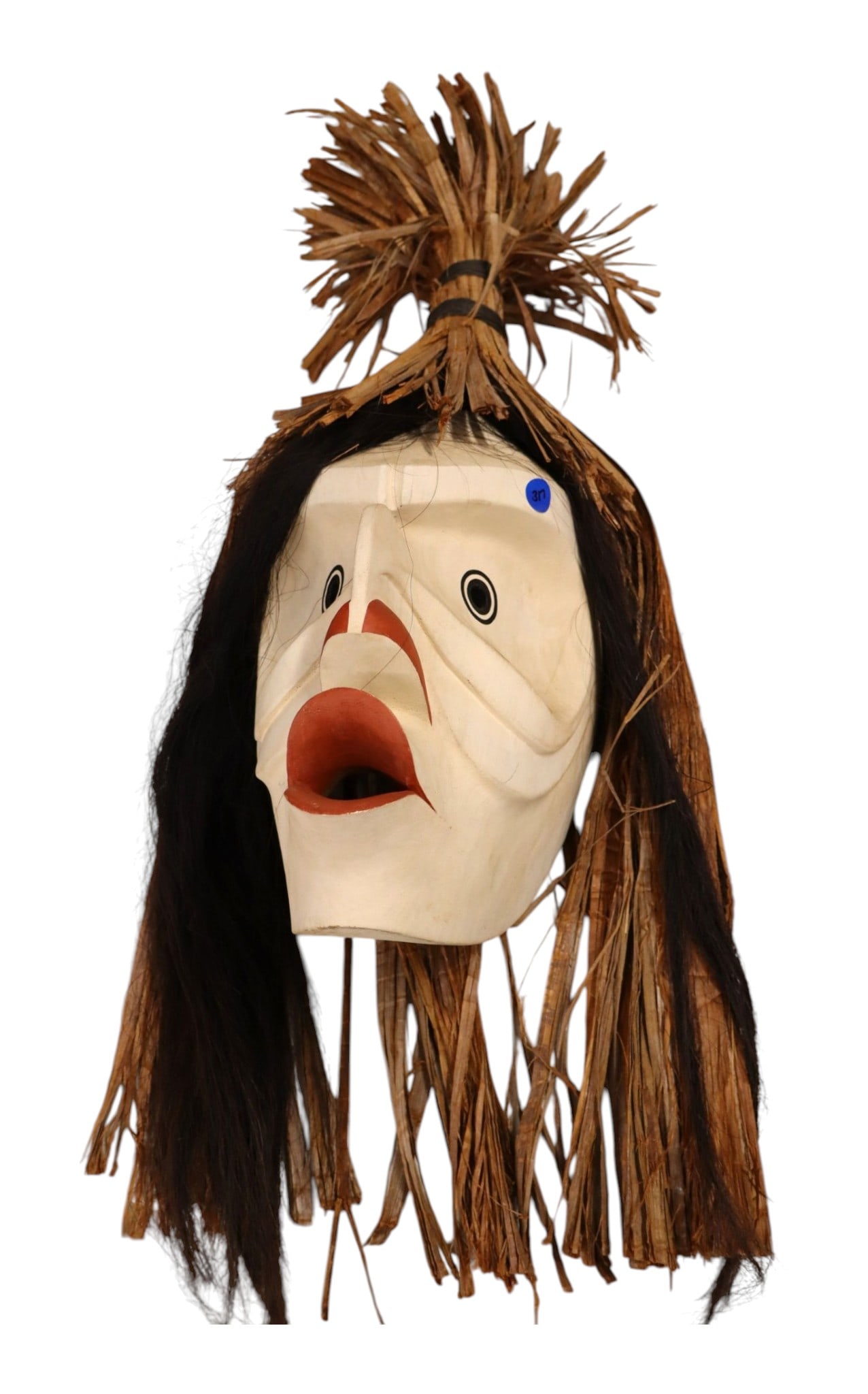 Pookmis Spirit Nearly Drowned Cedar Bark Mask: Indigenous Pookmis the Spirit of the Nearly Drowned carved wooden mask with shredded cedar bark hair, traditional pacific northwest coast. 32"h x 12"w x 10"d