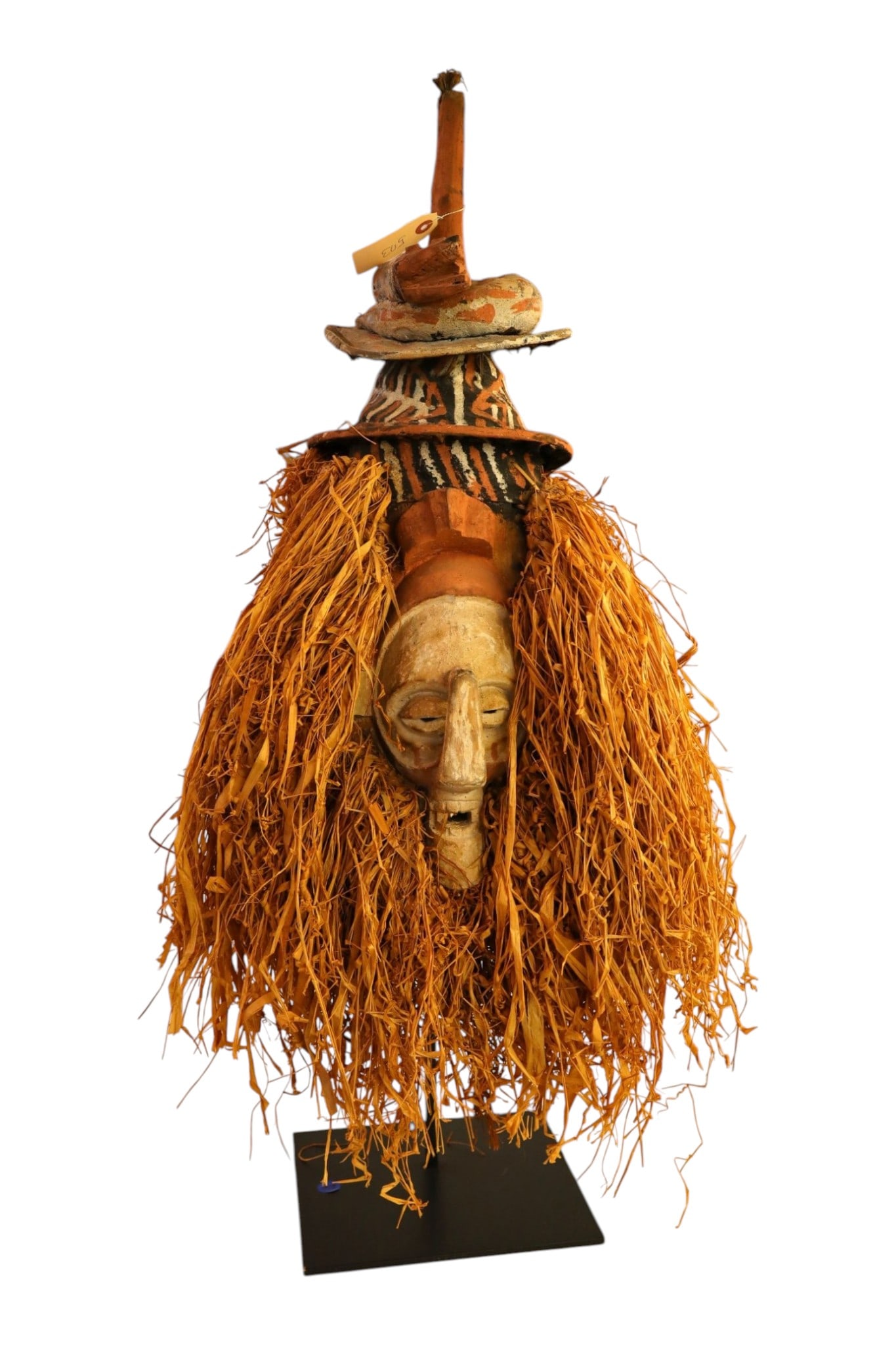 Yaka Kholuka Ndeemba Initiation Mask Stand: Yaka initiation mask Kholuka or Ndeemba) on stand from the democratic republic Congo. 34.5" h x 15" diameter