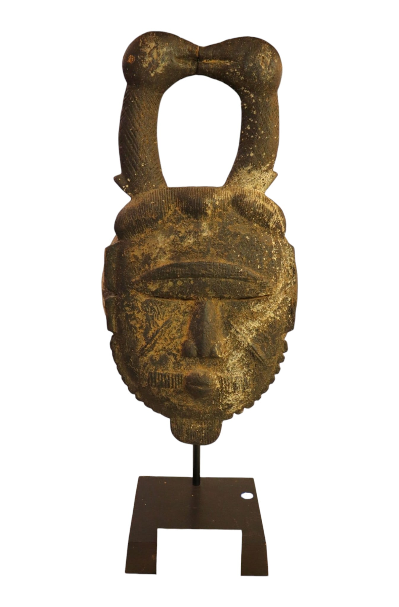 Baule Ancestor Portrait Horned Mask Ivory Coast: 20thC Baule ancestor portrait mask with horns from the Ivory Coast on metal stand bought in 2002 for $1,500+ with paperwork. 27"h x 10"w x 8.5" d