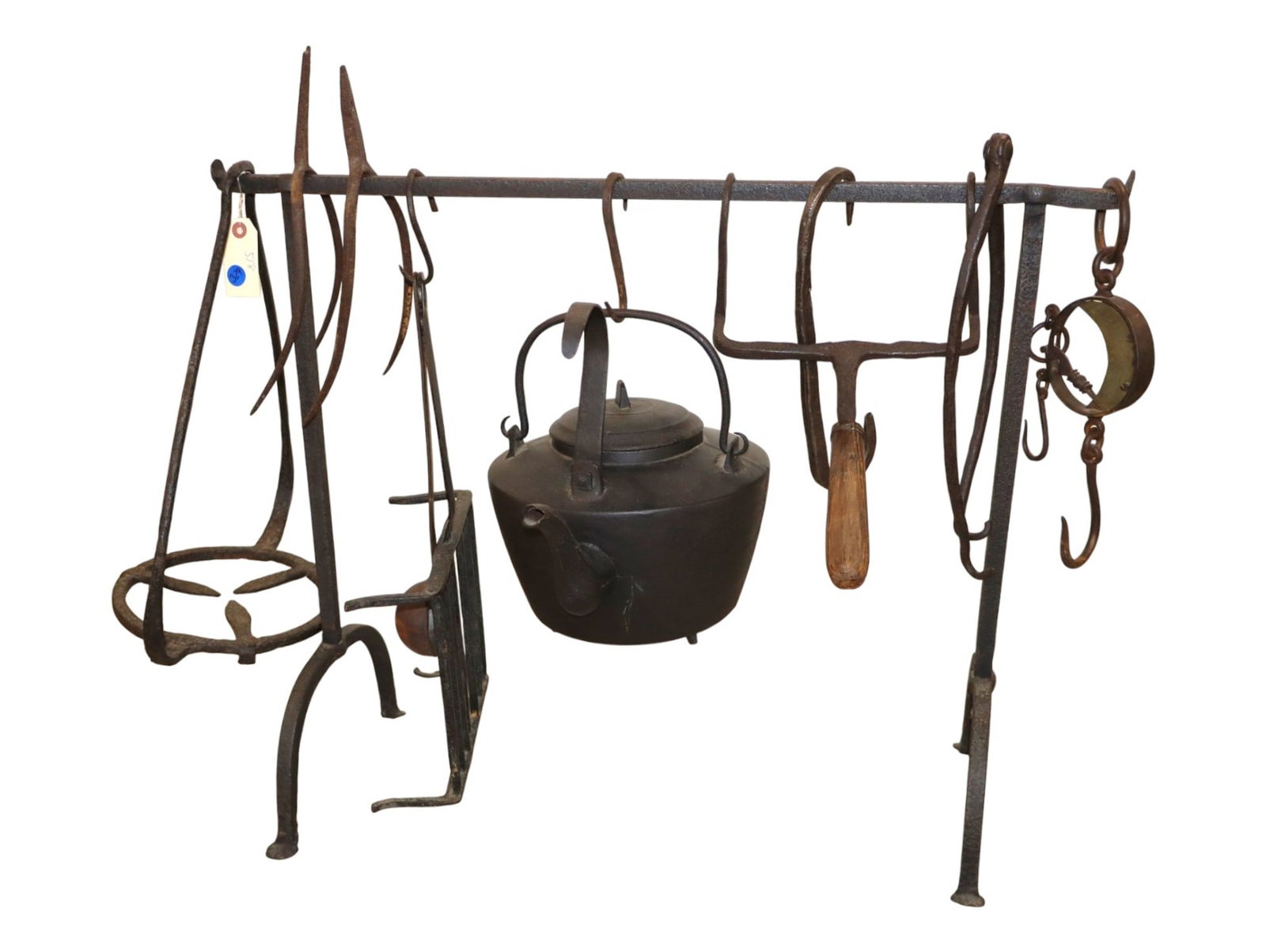 Antique Wrought Iron Hearth Cooking Crane Set 12pc: Authentic 19th-century hand-forged wrought iron fireplace hearth cooking crane set (27"H x 32"W x 14"D overall). Includes freestanding rack, three-legged cast iron tea kettle with tilting handle, swiv