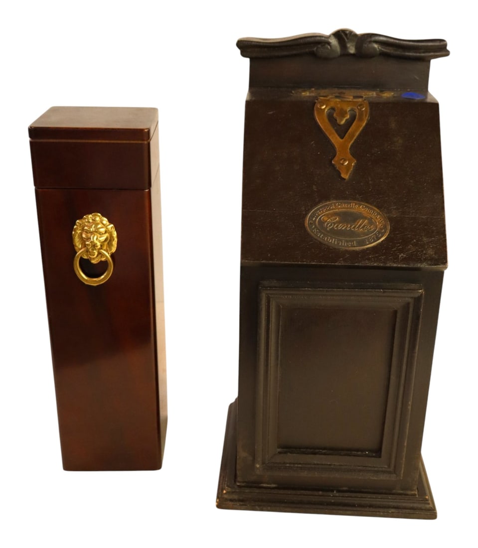 Liverpool Candle Co. candle box/candles/snuffer: Liverpool Candle Co. candle box with candles and snuffer and lion head decoration match box. Box 15.25"h x 7.5"w x 6"d. match box 12.5"h x 3.5" x 3.5"