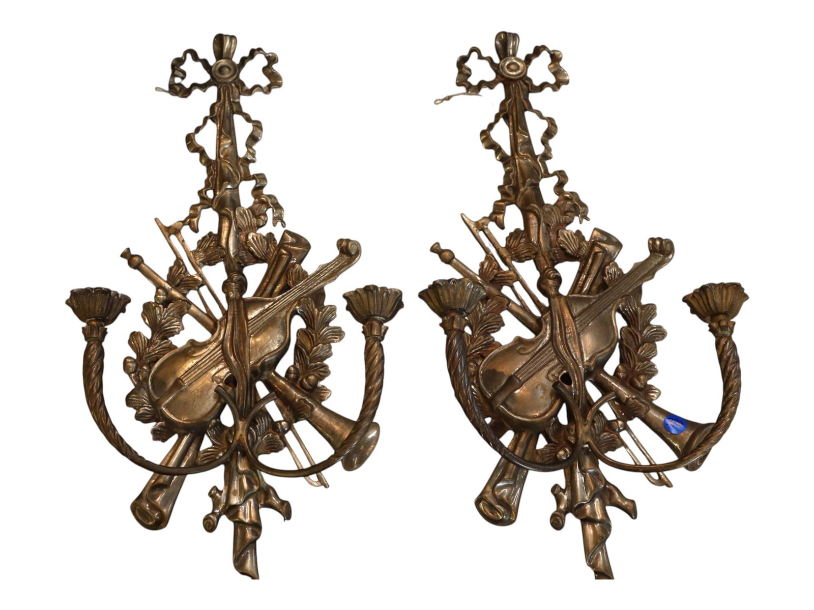 Pr vtg metal 2 burner candle sconces w/violins: Pair of vintage metal 2 burner candle sconces with violins. Ea. 22"h x 11"w x 4"d