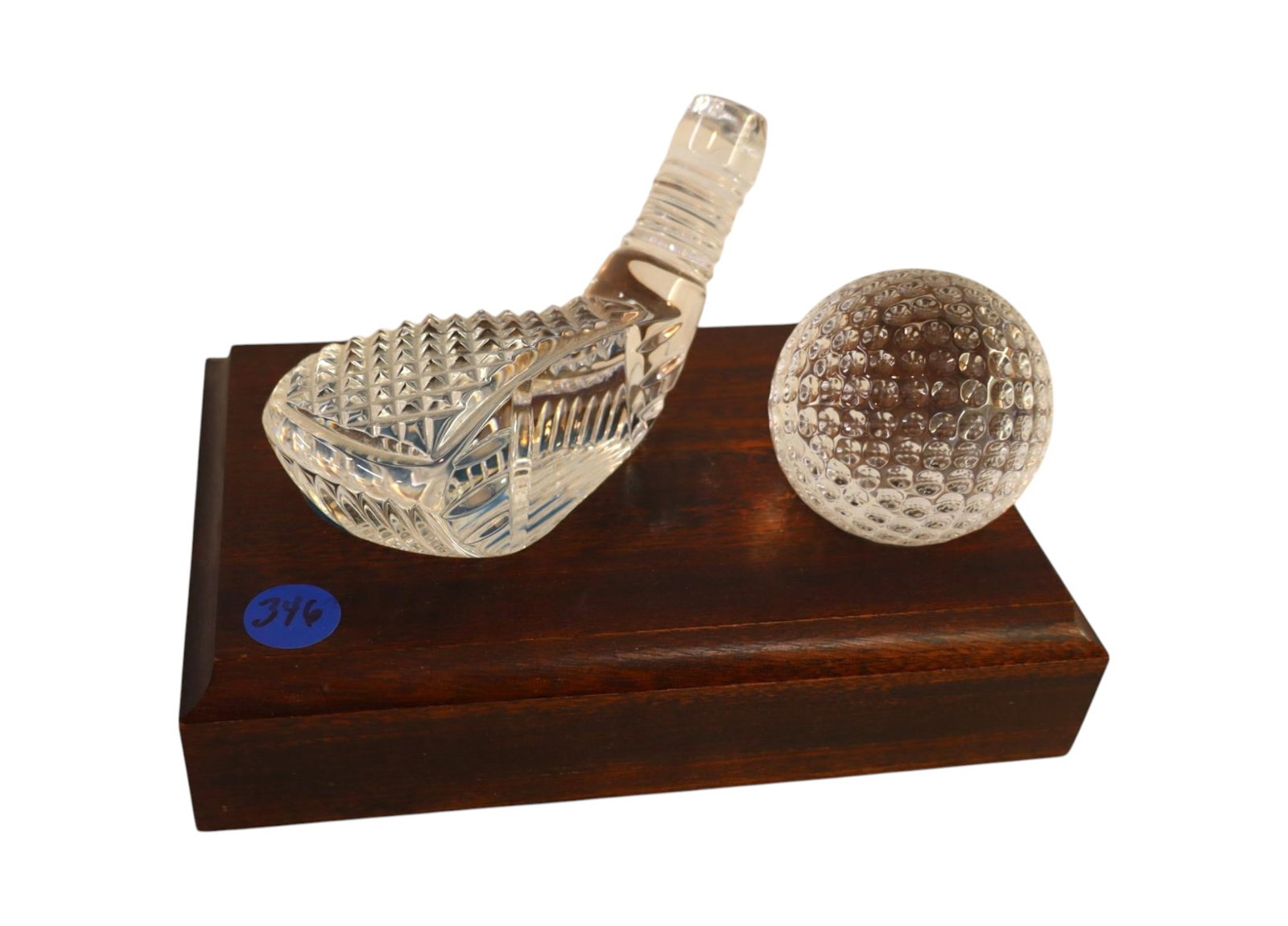 Waterford desk top lead crystal golf ball & club head: Waterford desk top lead crystal golf ball and club head on finish walnut wood base. 4"h x 7.5"w x 5.25"d
