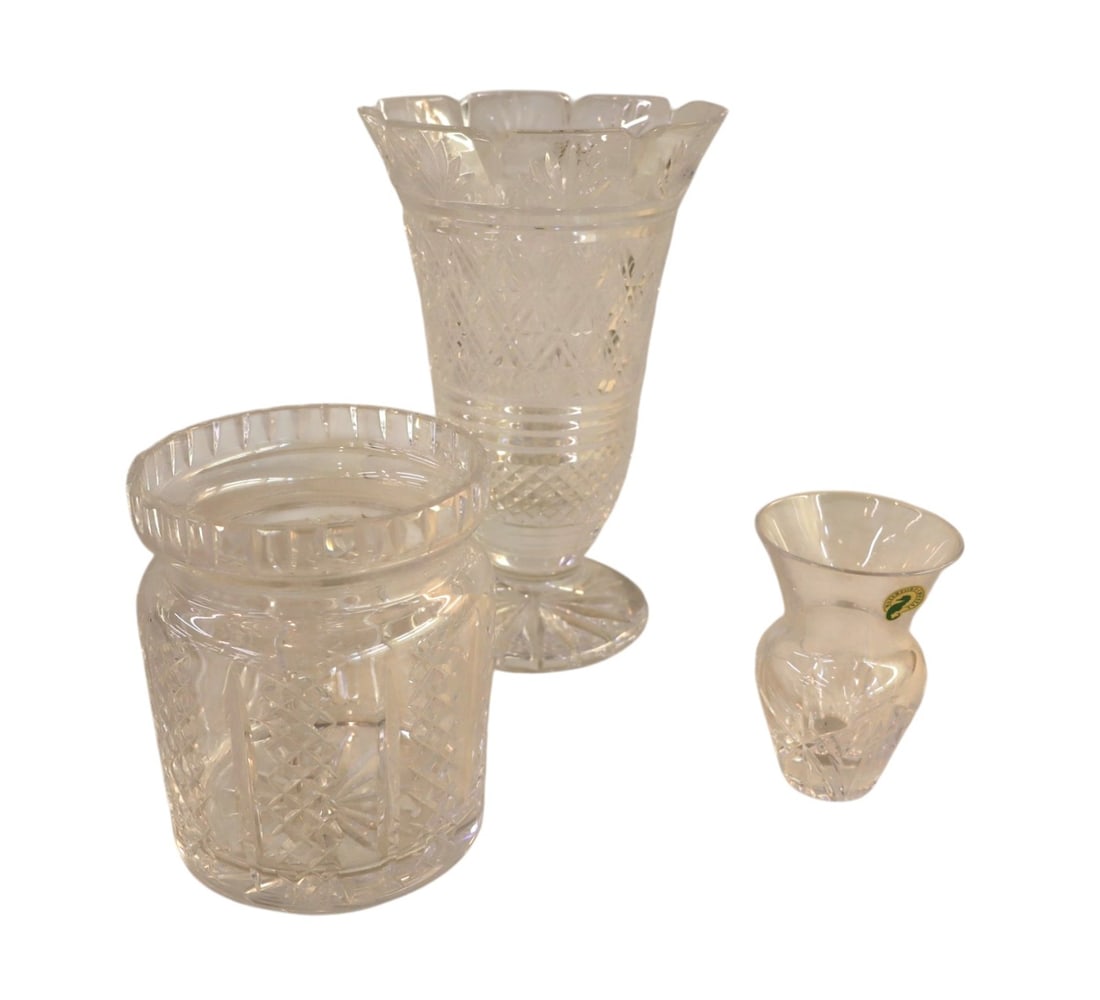 3 pieces Waterford lead crystal: 3 pieces Waterford lead crystal. Large vase has small chip in rim see photos. Vase 10"h x 6.5" diameter, sm vase 4.5"h x 3" diameter, humidor missing lid 6"h x 5" diameter