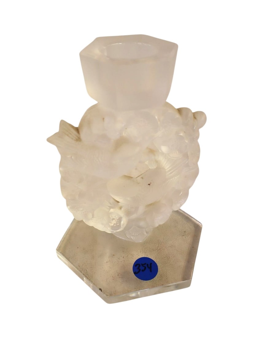 Lalique lead glass satin candle stick with birds: Lalique lead glass satin finish candle stick with birds. 7"h x 5.5" diameter