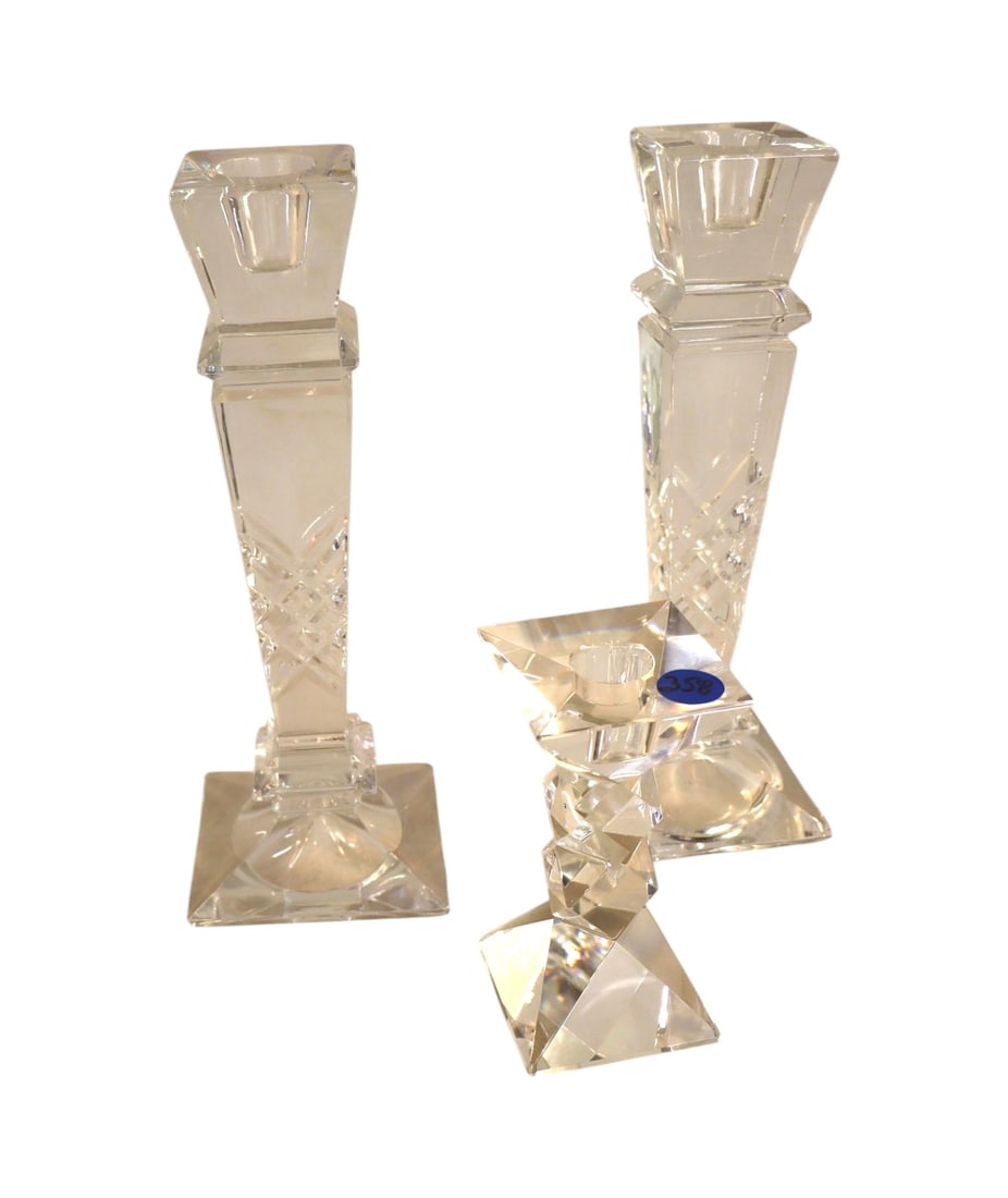 3 lead crystal candle sticks: 3 lead crystal candle sticks, match pair and single. (2) 10.25"h x 3.5" square, sm 5"h x 2.5" square