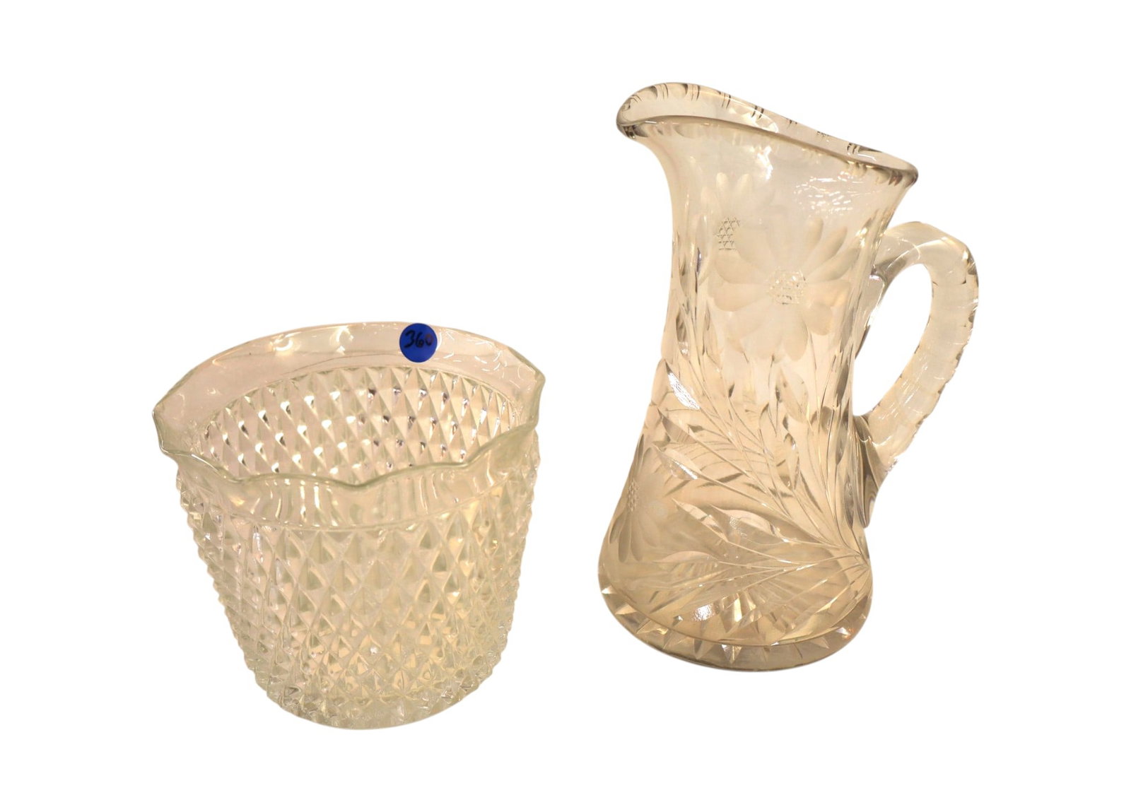 2 vtg cut glass pitcher & early press bowl: 2 vintage cut glass pitcher and early press bowl. Pitcher 9.5"h x 7"w with handle 5.5" diameter. Bowl 5.5"h x 6.25" diameter