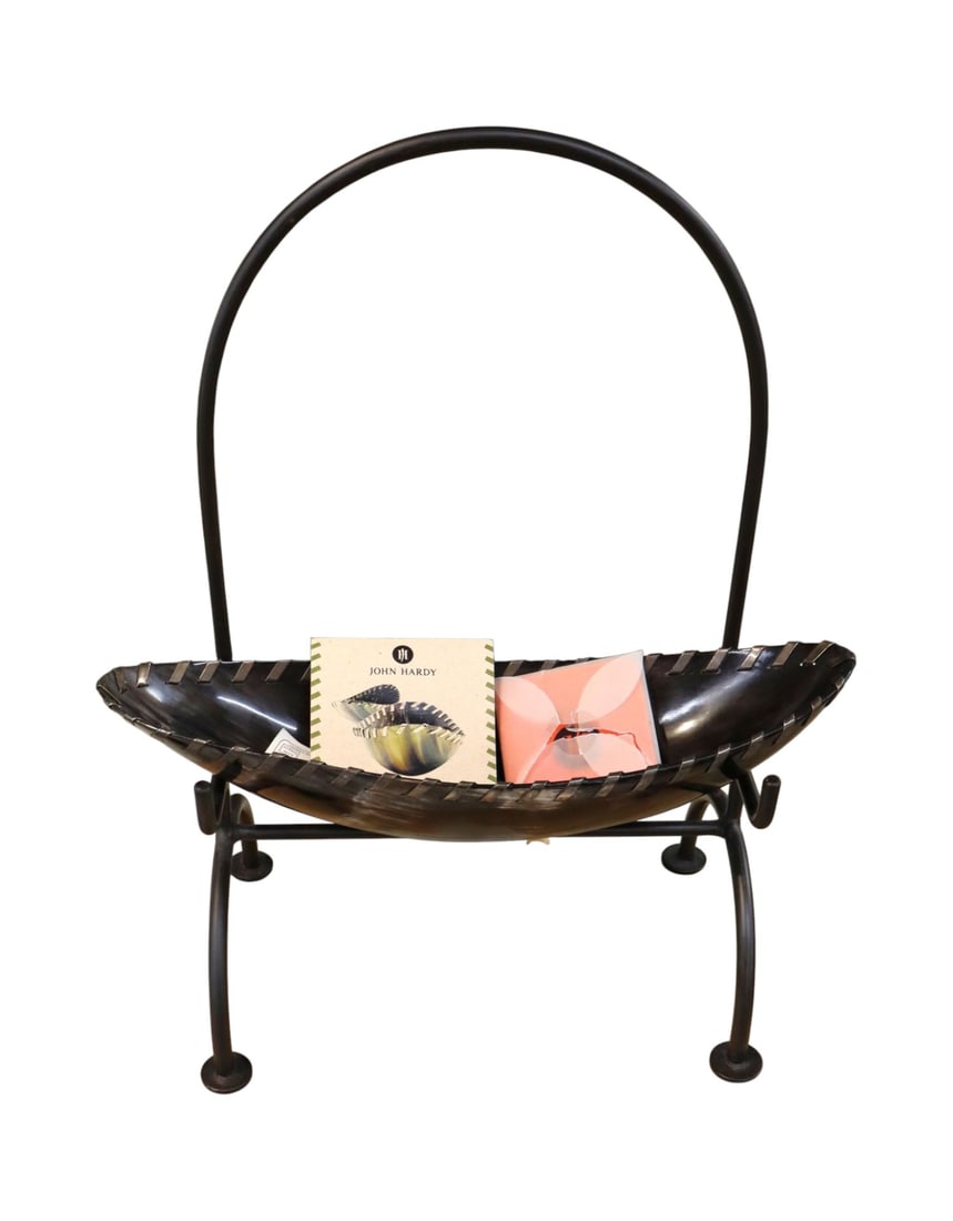 Vtg John Hardy buffalo horn bean bowl: Vintage John Hardy buffalo horn bean bowl with rack and box. Rack 15.25"h x 11"w x 7.5"d. Bowl 3"h x 13.5"l x 4.5"d