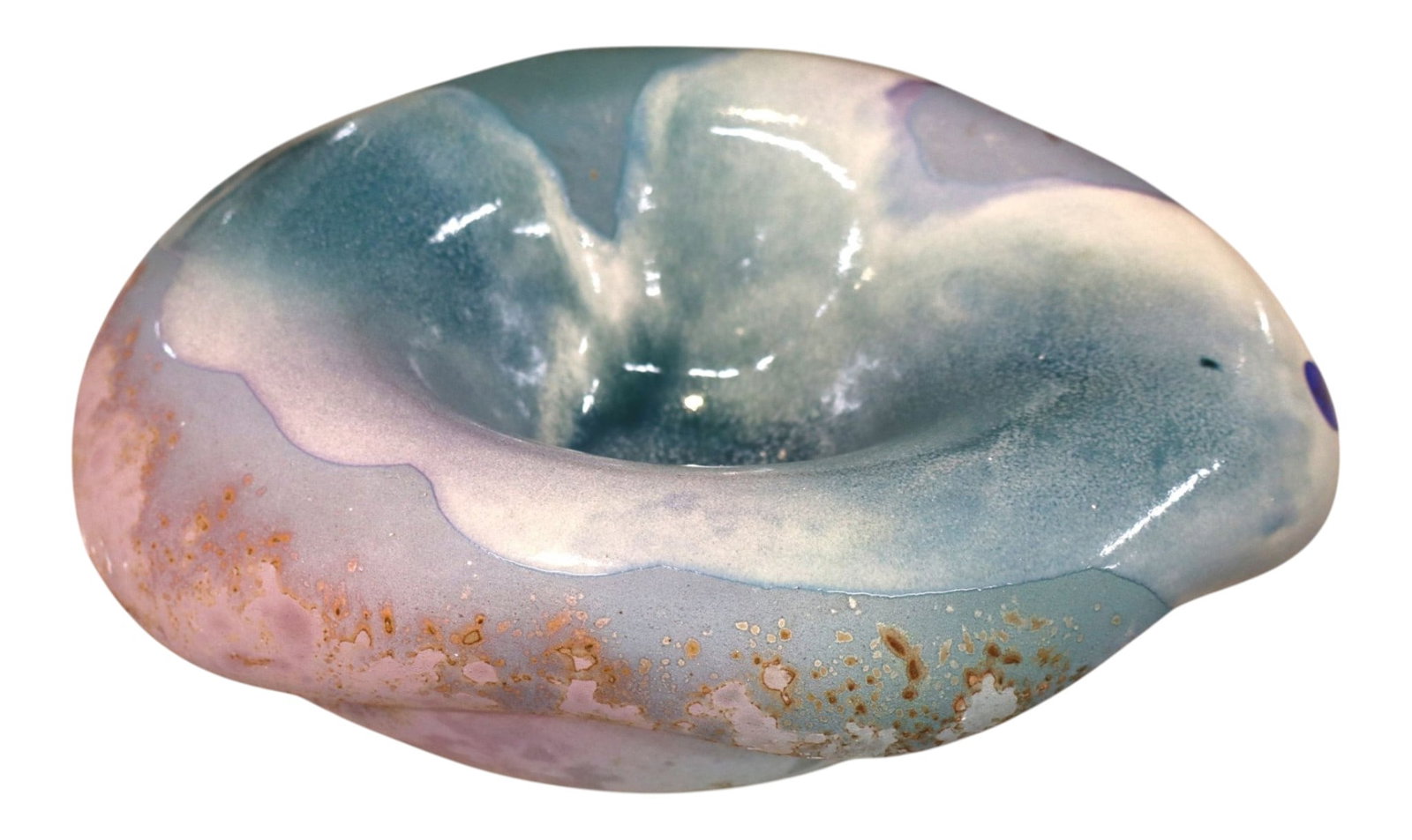 Vintage Tony Evans Signed Raku Art Pottery Bowl: Vintage 1980s Tony Evans signed Raku art pottery sculptural bowl on lucite base. Organic biomorphic form with iridescent mauve and seafoam glaze. Hand-signed Evans 298. Excellent condition. 7"H x 13"W