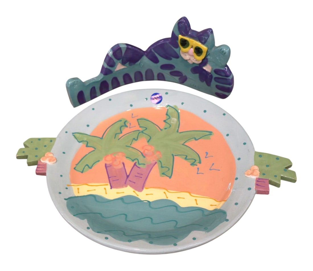 Vintage Staub Signed Cat Palm Tree Ceramic Plate: Vintage Staub Signed Postmodern Cat & Palm Tree Plate Set. Whimsical 1980s studio pottery hand-painted tropical plate and 3D cat rim figure. Signed Staub. Plate: 15"Wx11.5"D with handles. Cat: 5"Hx10.