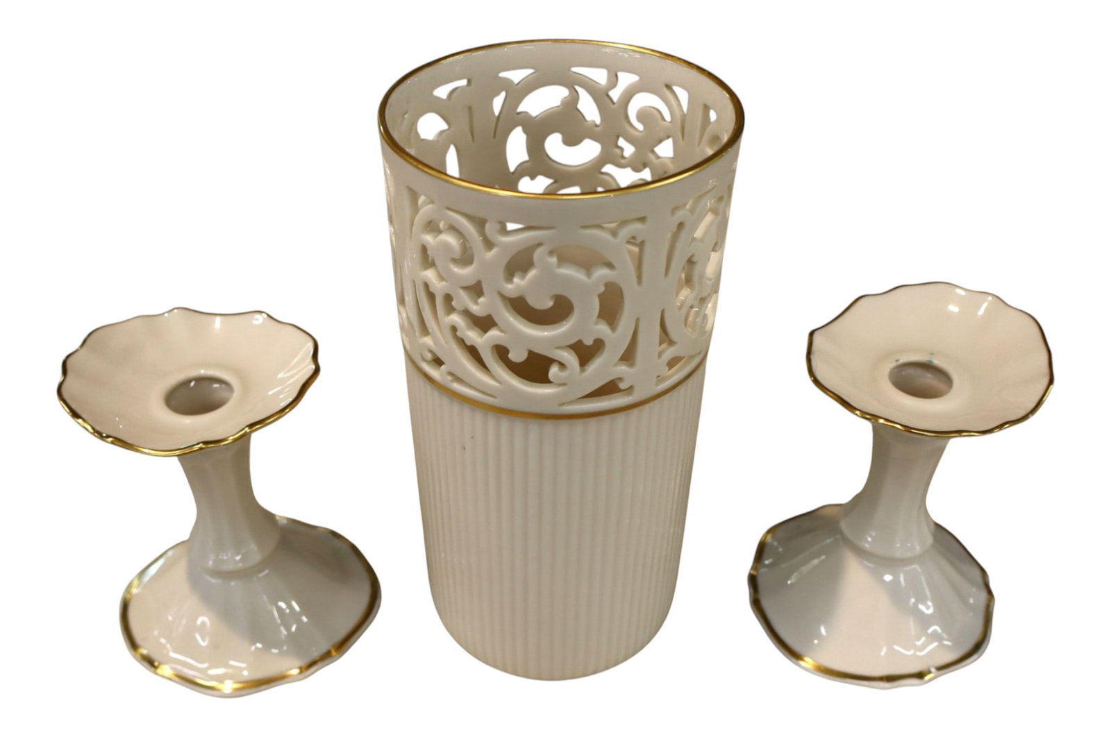 3pcs Lenox, 2 candle sticks and open lace vase: 3 pieces of Lenox, 2 candle sticks and open lace vase