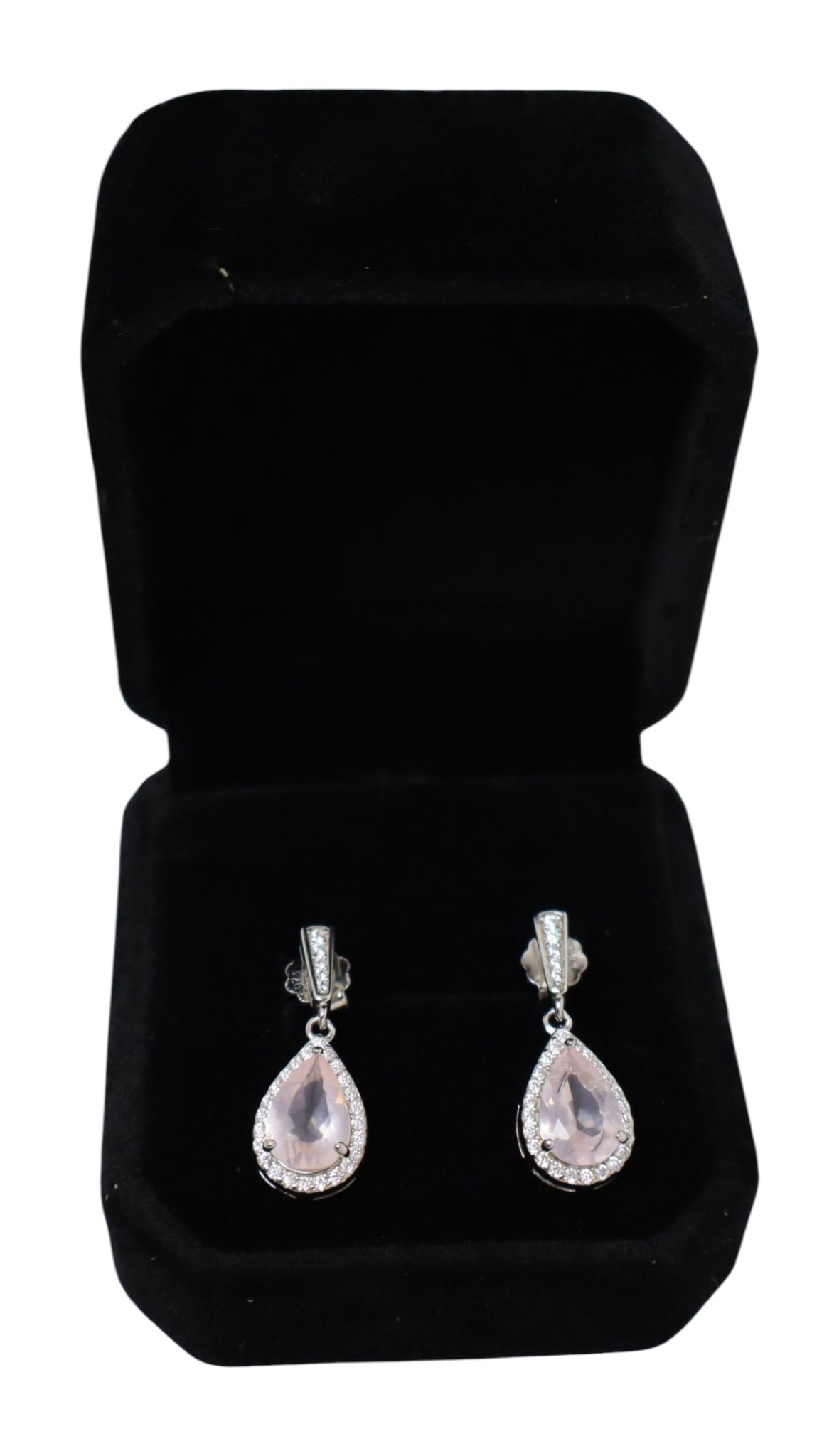 1.85 rose quartz white sapphire SS earrings 1": 1.85 rose quartz .10 white sapphire sterling silver dangle post earrings 1"