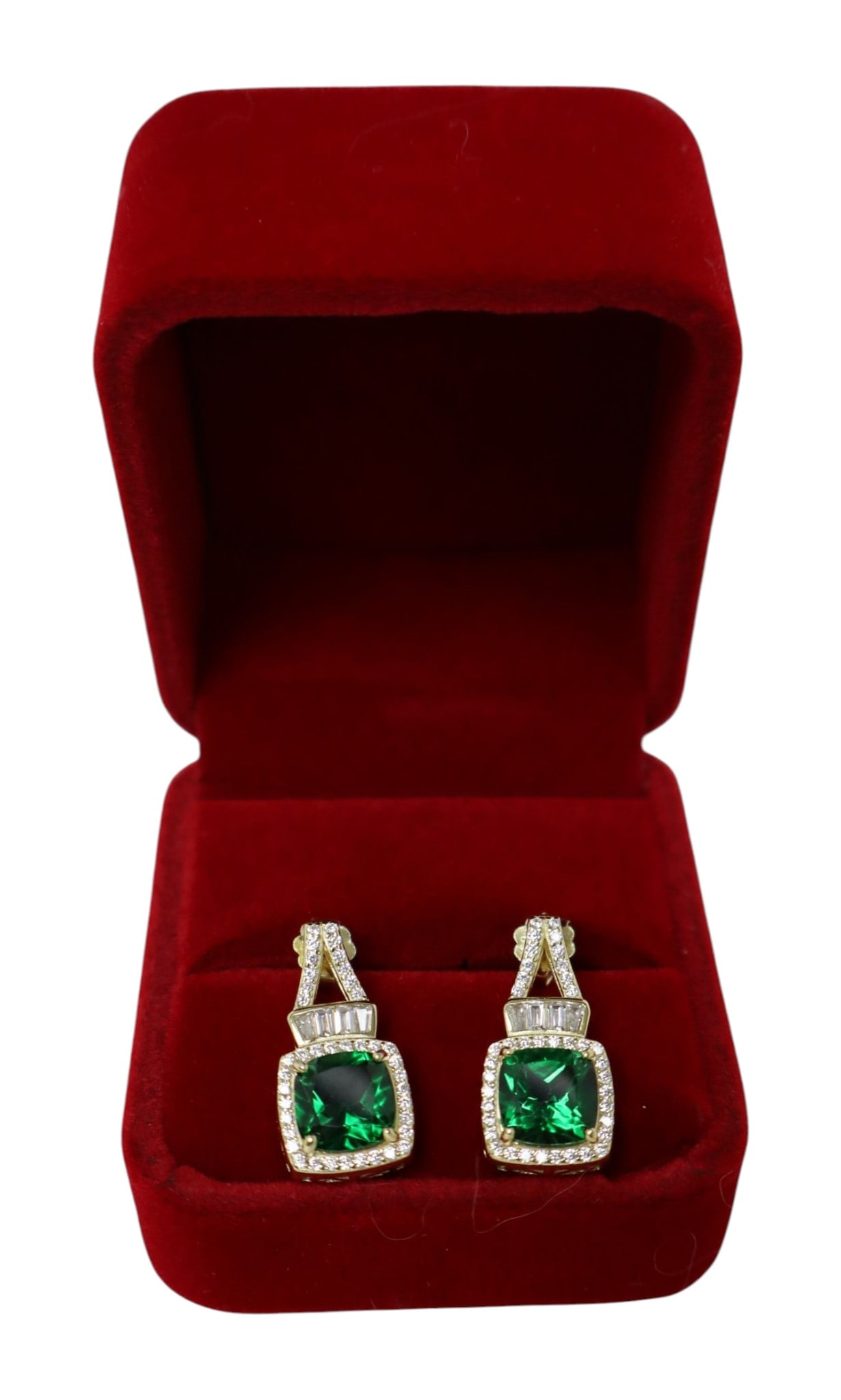 7.20ct green topaz SAPHW earrings 14k over SS: 7.20ct green topaz .58 white sapphire 14k yellow gold over sterling silver dangle post earrings 1"