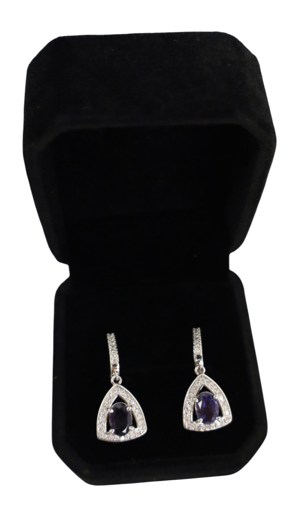 1.80ct iolite white sapphire SS earrings: 1.80ct iolite .30 white sapphire sterling silver leaver back earrings 1"