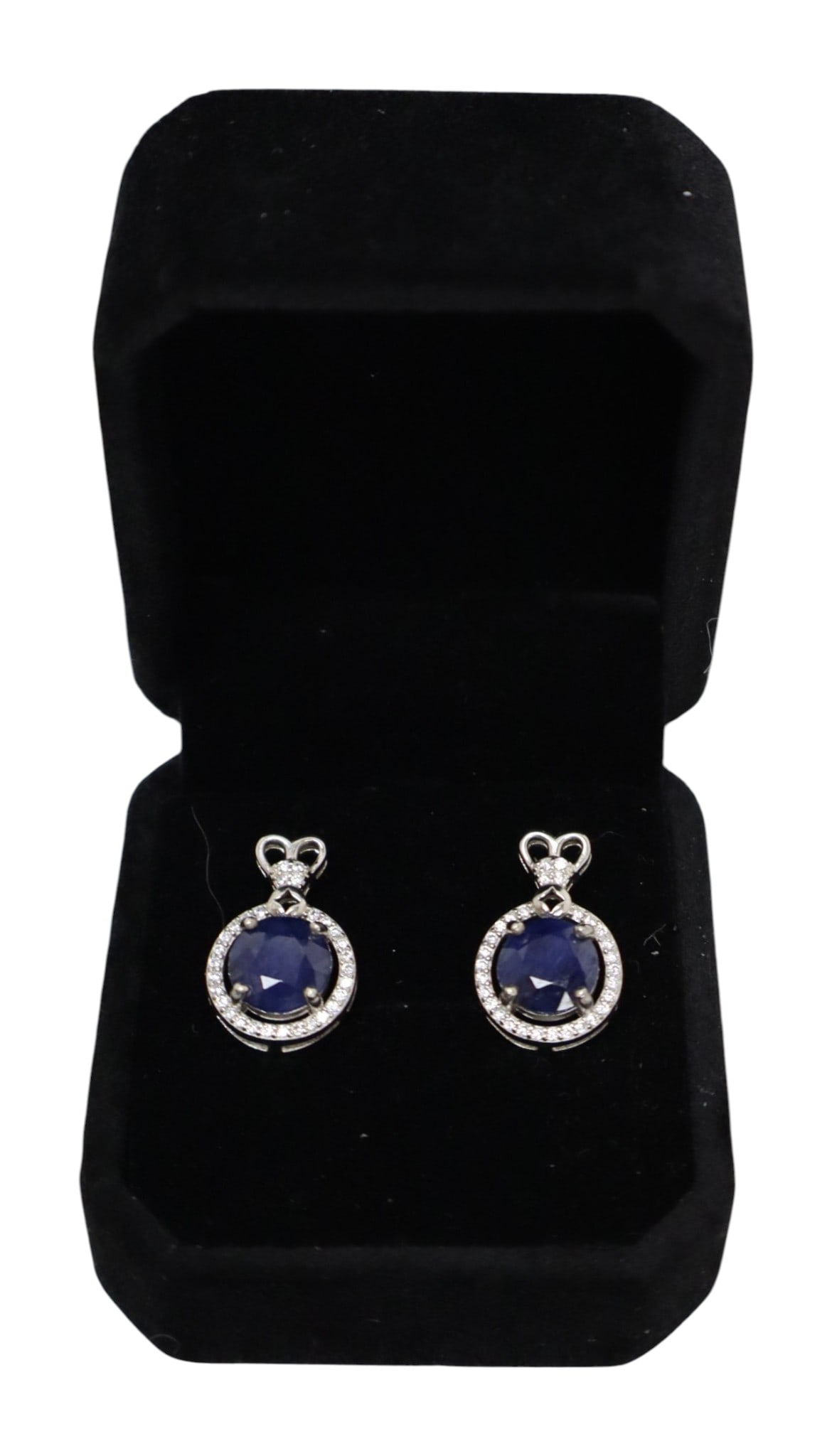 4.60ct blue & white sapphire SS halo earrings: 4.60ct blue sapphire .40 white sapphire sterling silver halo lever back earrings 3/4"