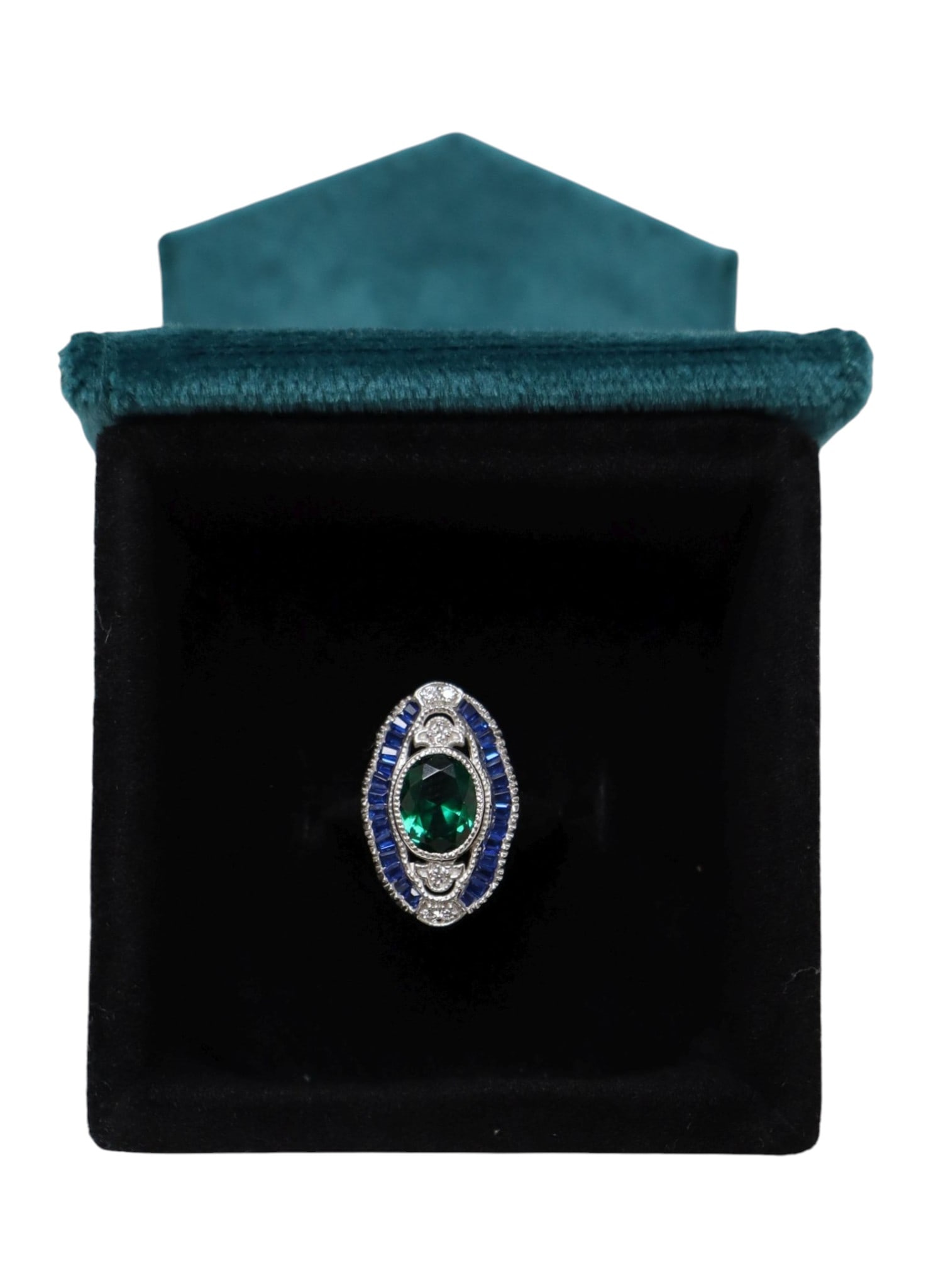 Art Deco lab created emerald w/sapphires ring: Art Deco lab created emerald with sapphires ring in sterling silver size 6.75