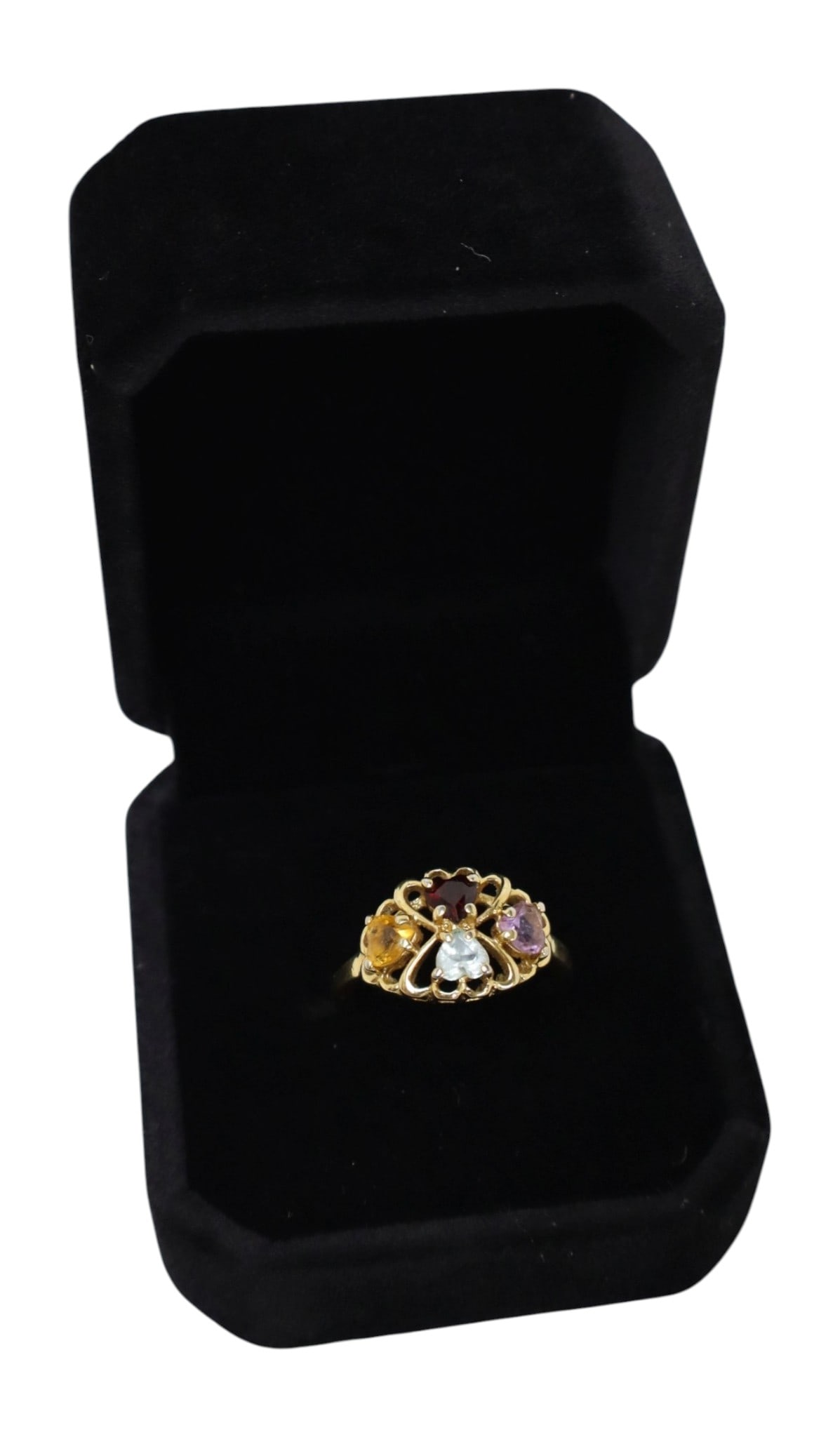 4 birth stone gold tone ring marked V size 6.75: 4 birth stone gold tone ring marked V size 6.75