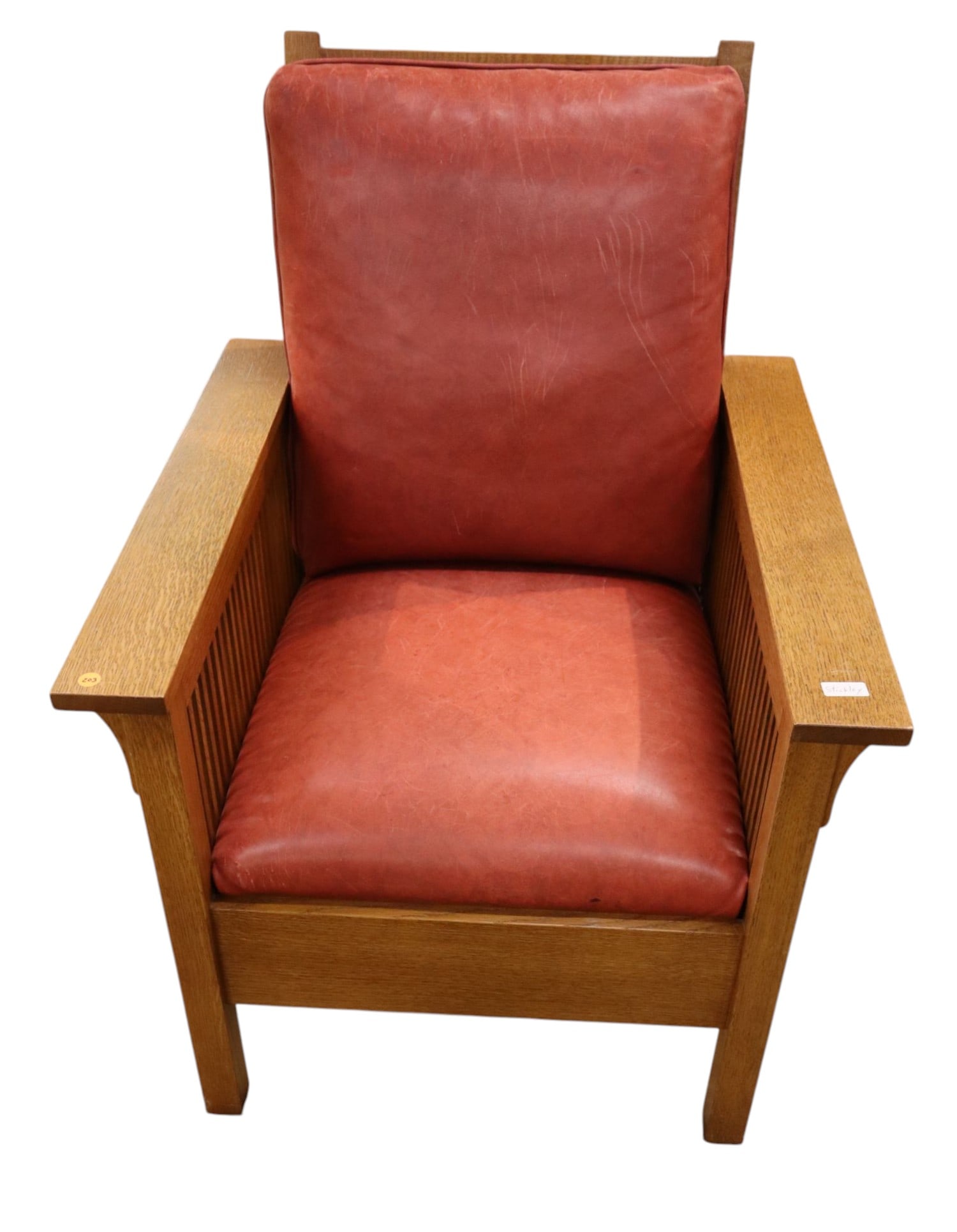 Fine Stickley mission oak slatted side arm chair: Fine Stickley mission oak slatted side arm chair with soft leather seat with character, original finish, structurally sound and in good condition. 38"h x 28.75"w x 29.5"d seat height 18"