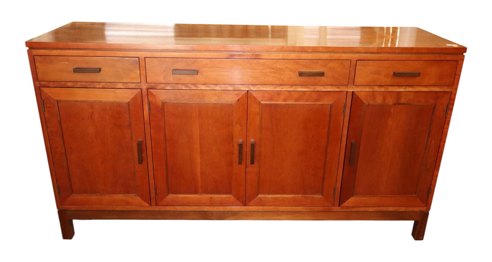 Stickley Highlands Cherry 3-Drawer 4-Door Buffet: Stickley Highlands Collection solid cherry 3 drawer 4 door buffet, original finish, structurally sound and in good condition with slight wear on top. 35.25"h x 64.25"l x 20"d