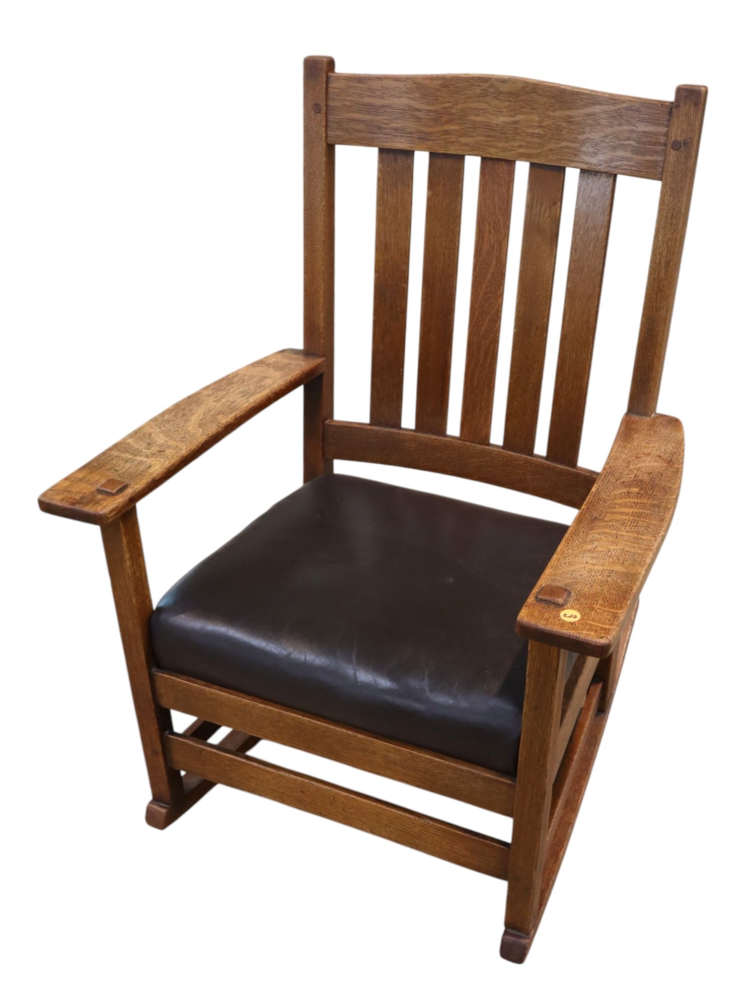 Antique mission oak slatted rocker w/newer uphol. (1 of 5)