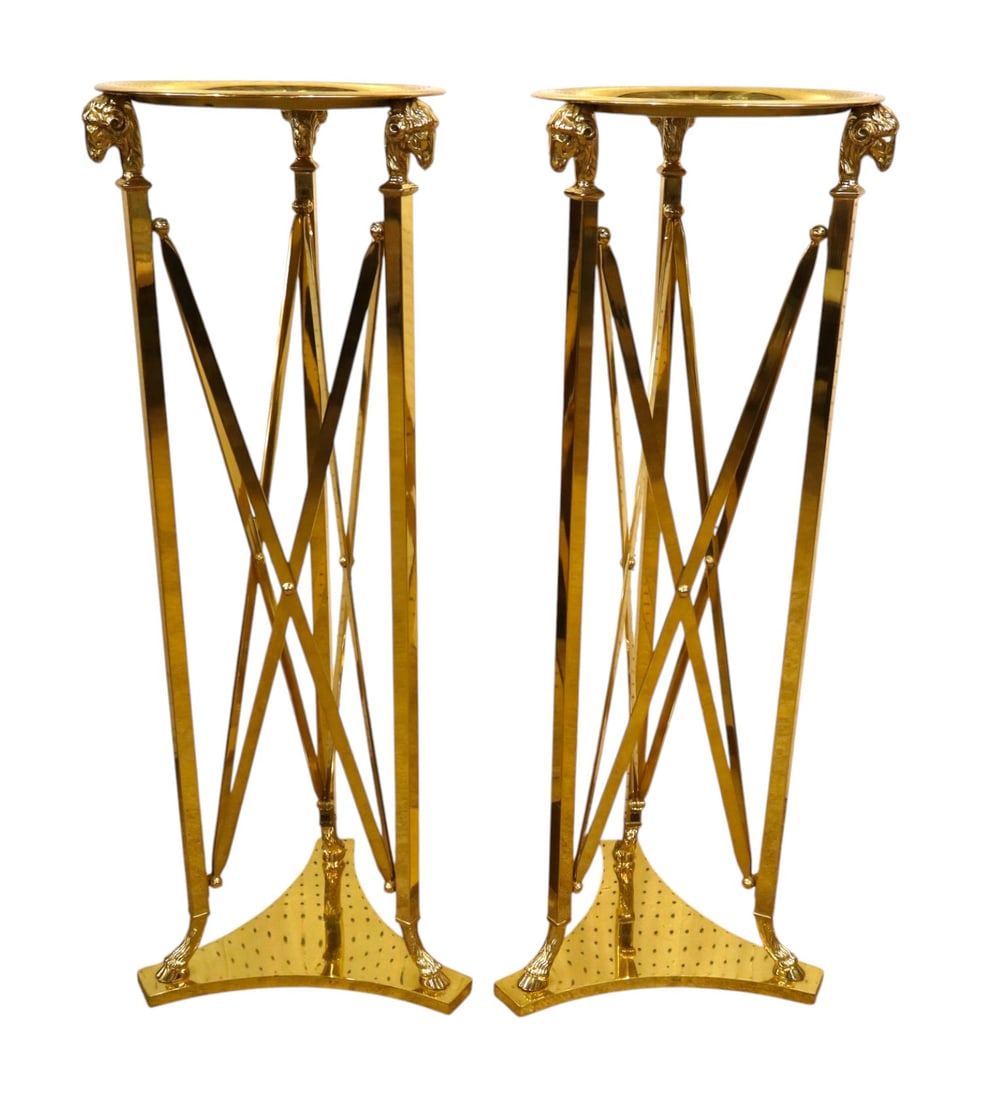 Vtg pr brass rams head pedestals manner Jansen Furn.: Vintage pair of brass rams head pedestals with removeable brass trays in the manner of Jansen Furniture, structurally sound and in good condition, brass looks good. Footprint ea. 48"h x 18" diameter