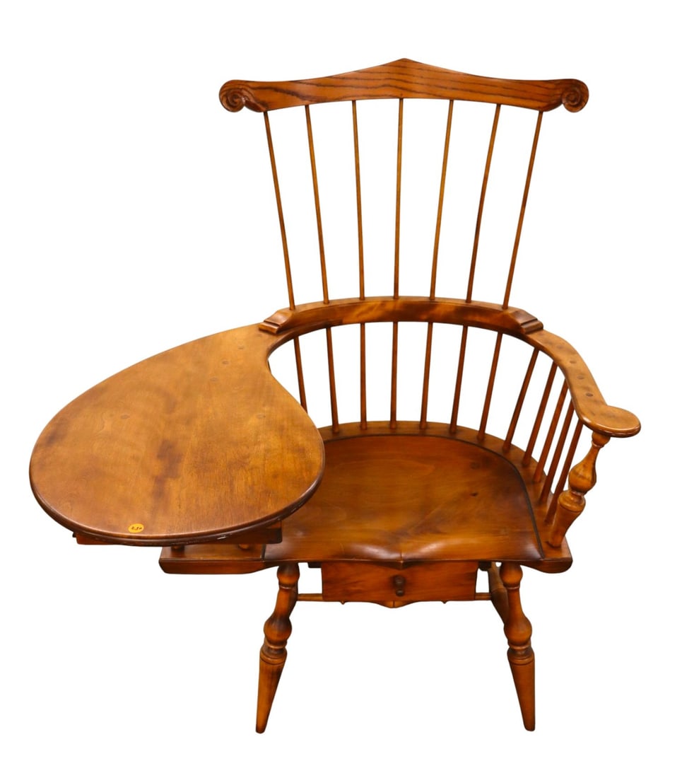 DR Dimes Windsor comb back double drawer desk chair: DR Dimes windsor comb back double drawer desk chair in the maple and chestnut, original finish, structurally sound and in good condition. 44.5"h x 36"w x 30"d seat height 18"