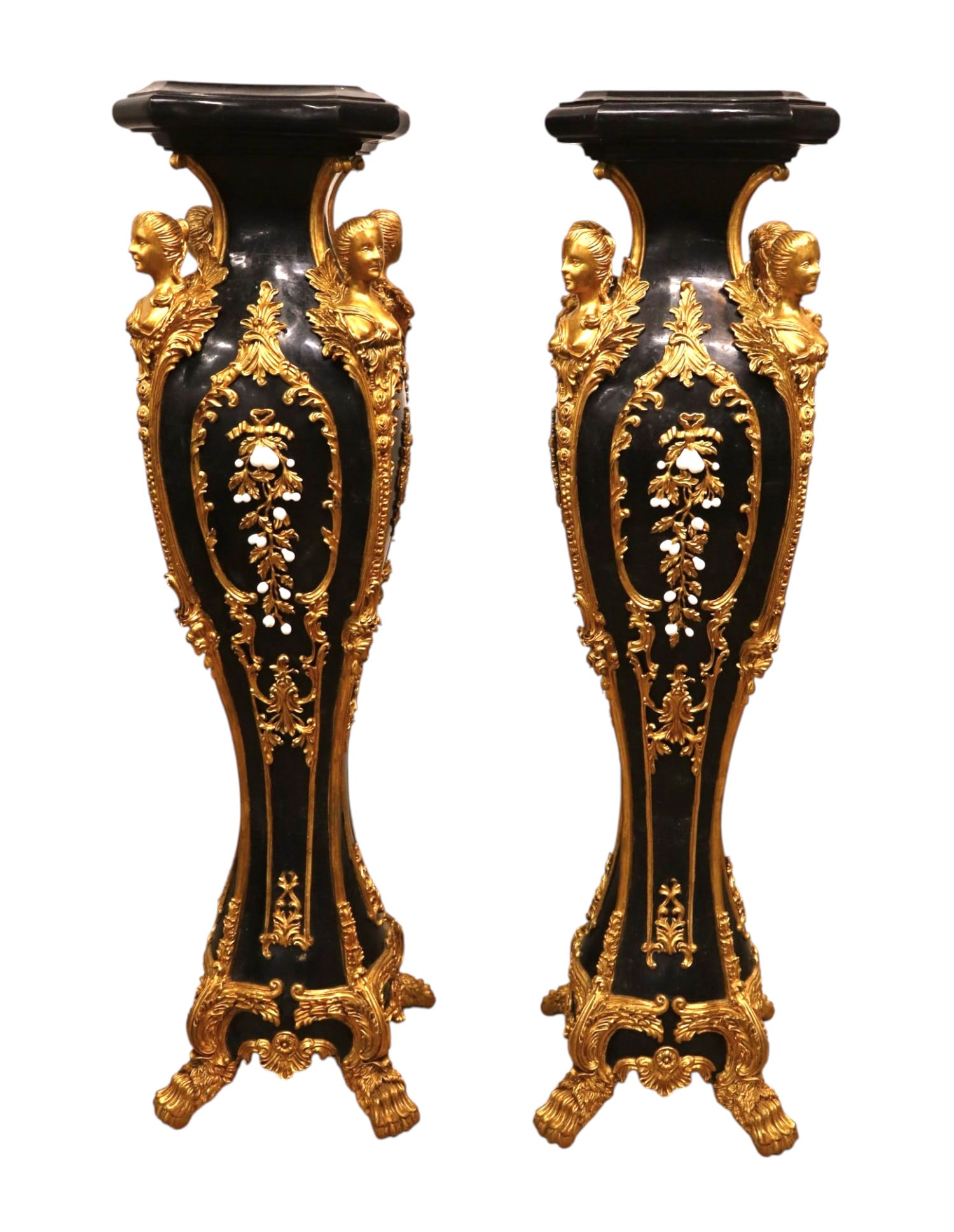 Maitland-Smith Style Marble Busts & Pedestals: Pair Baroque / Rococo French highly impressive busts carved and decorated pedestals in laminated marble with decorated accents in the manner of Maitland Smith, structurally sound and in good condition