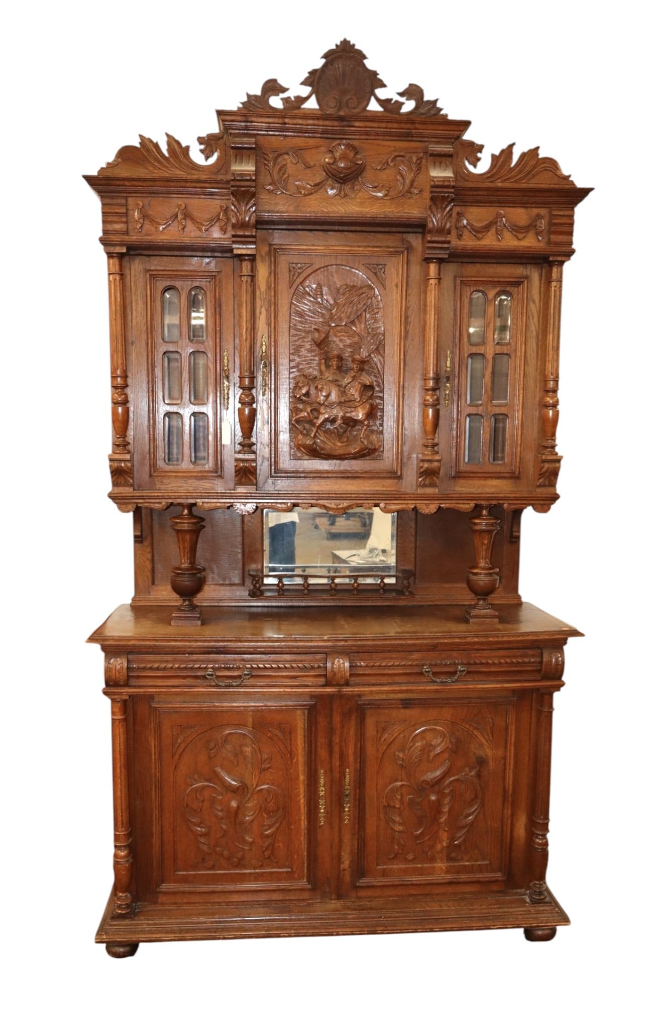 Antique Carved 3-Part Oak Step-Back Cupboard: Antique highly carved and ornate 3 part continental step back cupboard with keys, oak and mixed woods, original finish, structurally sound and in good condition for age. Footprint: 101.5"h x 55"w x 19