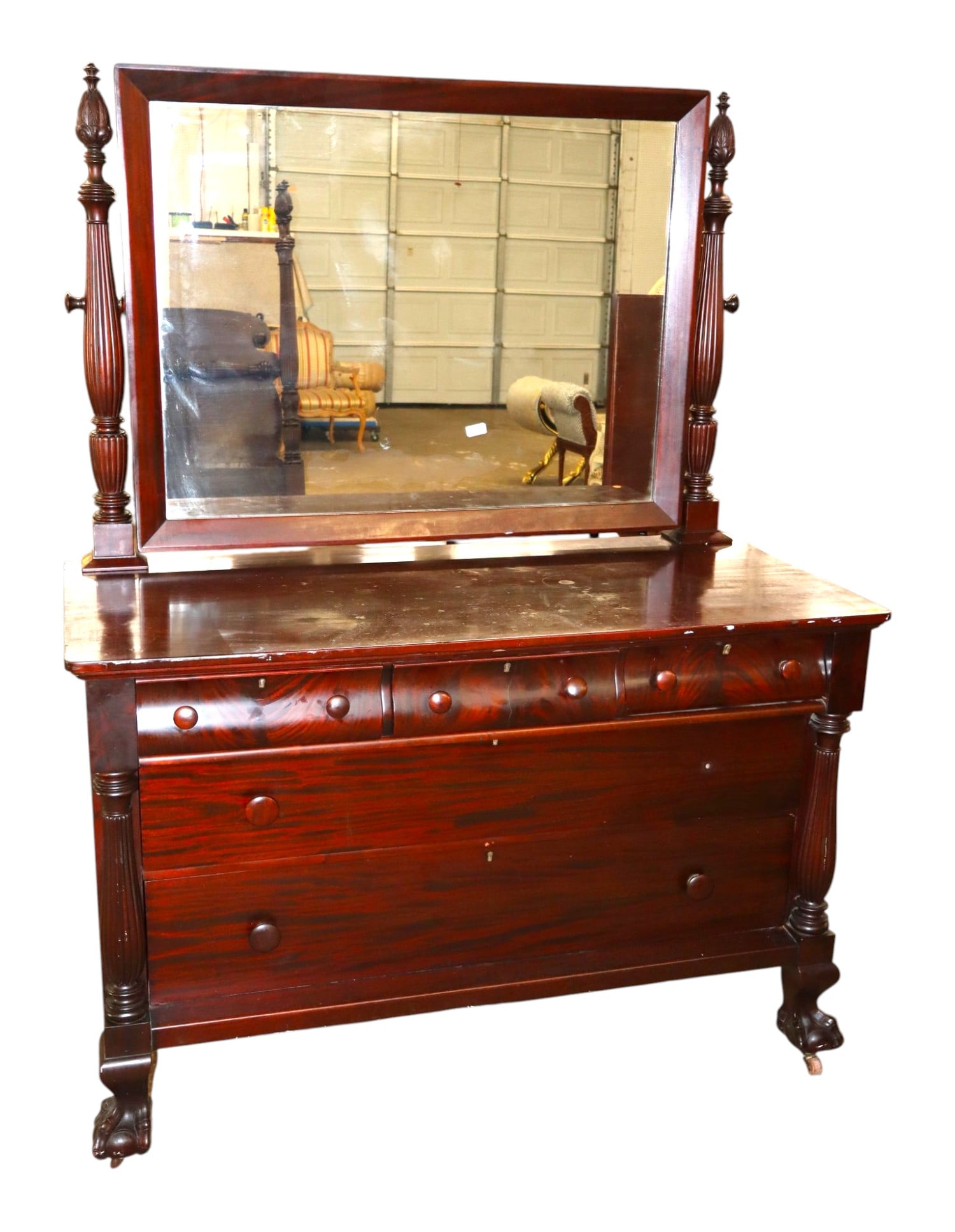 Widdicomb Burl Mahogany Empire 5-Drawer Dresser: Quality antique burl mahogany large ball and claw foot empire low chest with mirror, 3 over 2 drawer, mirror is detachable for transit, manufactured by Widdicomb Furniture, original finish, structural