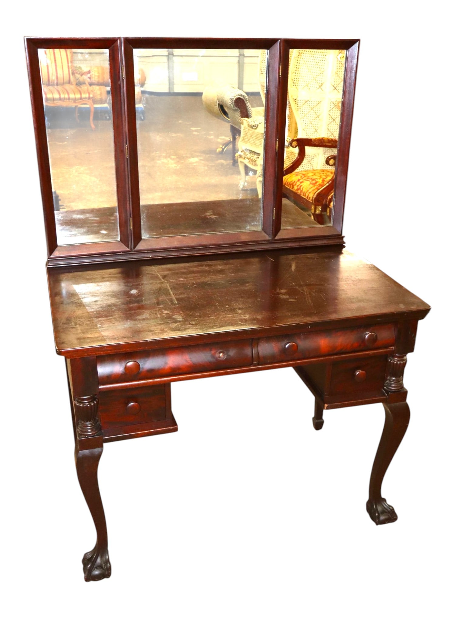 Widdicomb Burl Mahogany Empire 4-Drawer Vanity: Quality antique burl mahogany large ball and claw foot empire dressing vanity with tri fold mirror, 4 drawer, mirror is detachable for transit, manufactured by Widdicomb Furniture, original finish, st