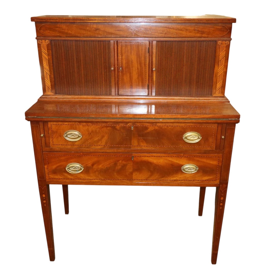 Burl Mahogany Inlaid Tambour Bellflower Desk (1 of 11)