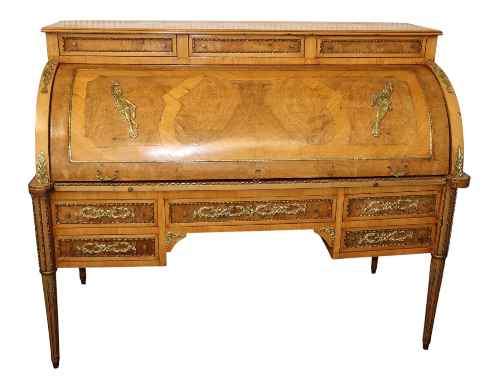 Satinwood Burl Walnut French Bronze Cylinder Desk (1 of 10)