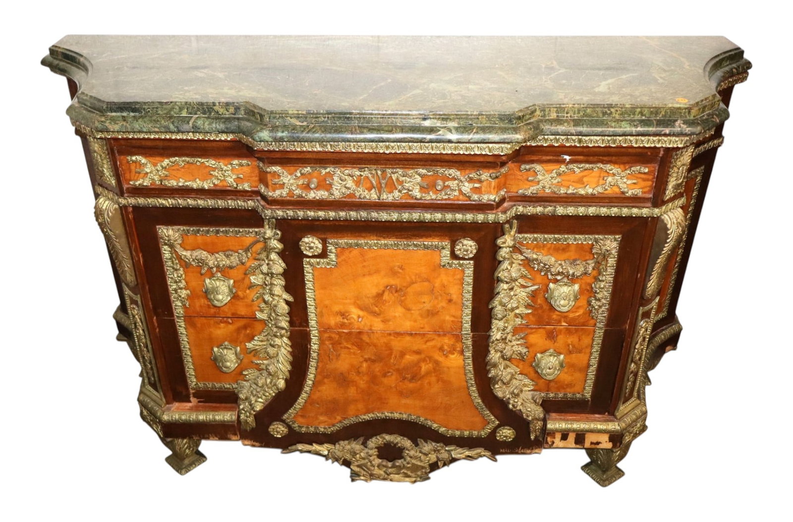 French Bronze Rosewood Burl Marble 3-Dr Commode: Semi antique highly ornate French style marble top early import 3 drawer commode heavily applied bronze seems complete, bronze feet, marble is good, rosewood and burl walnut, original finish, structur
