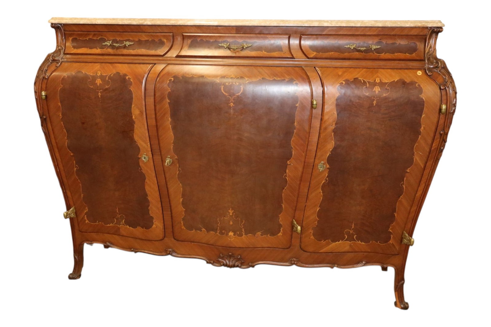 French 3-Door Rosewood Satinwood Marble Buffet (1 of 18)