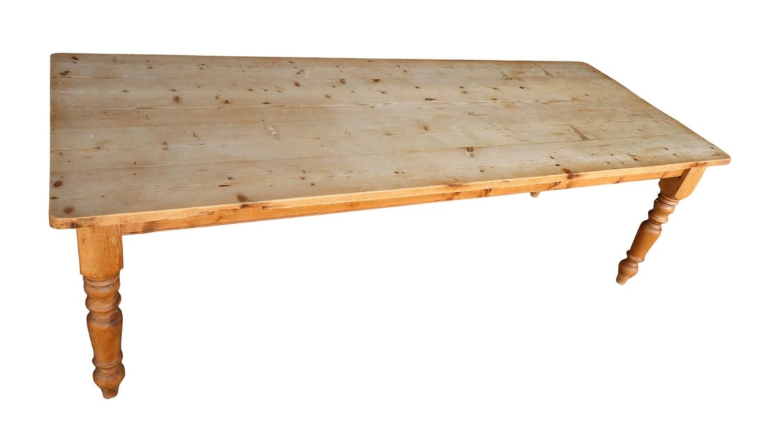 Antique Style Pine Country Turn Leg Dining Table: Antique style pine country farm house turn leg dining table, original natural finish, structurally sound and in good condition for age. 30"h x 96"l (8ft) x 37.5"w
