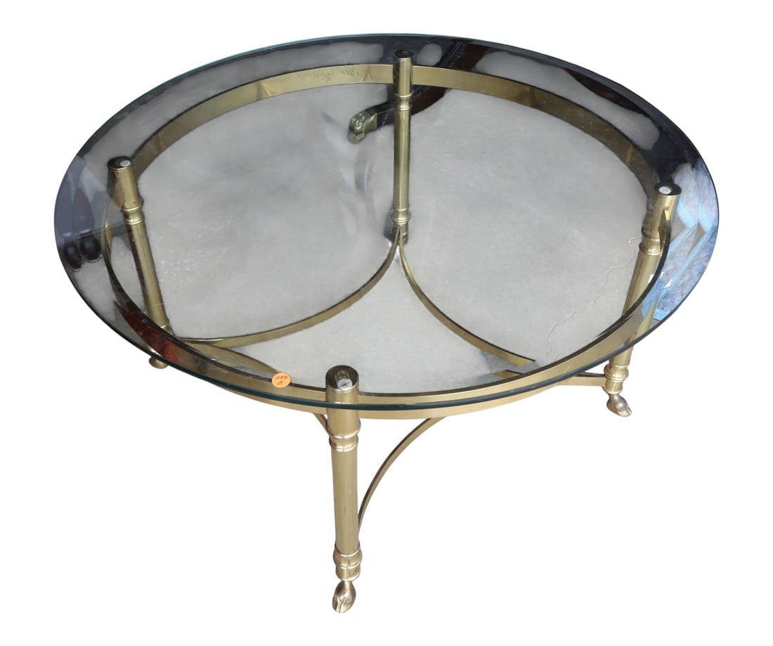 Mid century 35" round glass top brass base cocktail table (1 of 3)