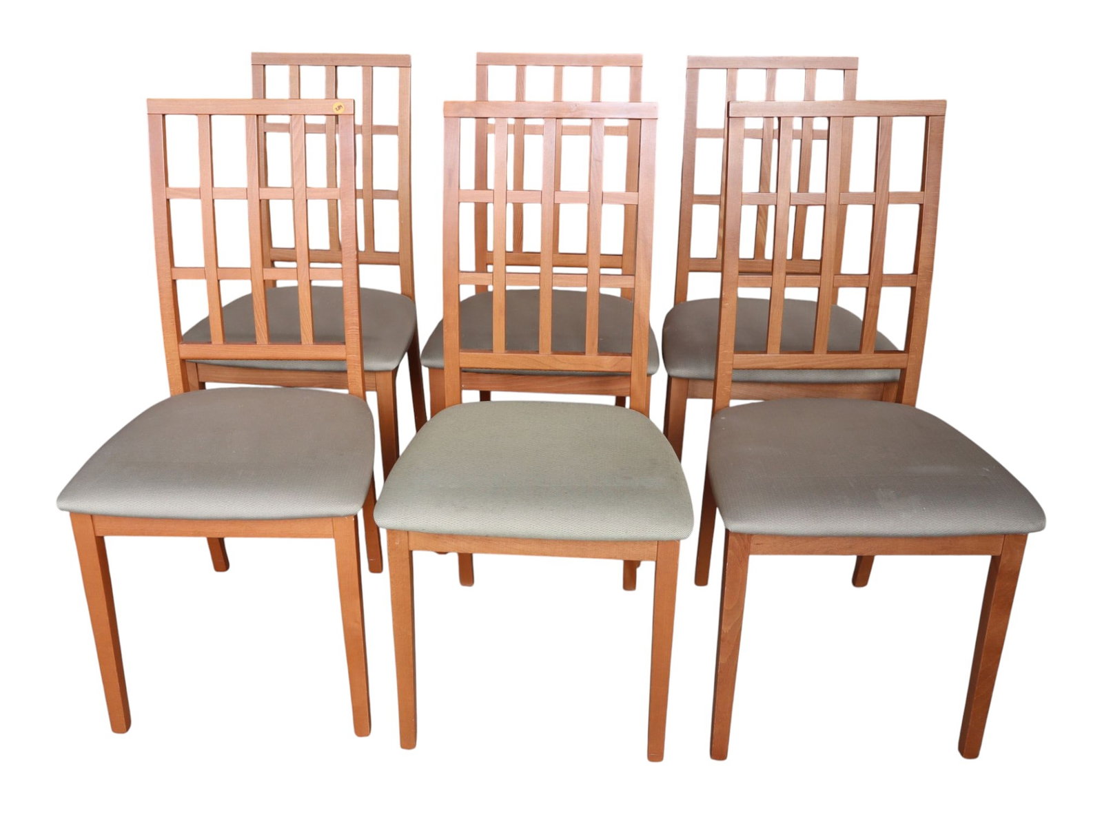 Mid Century 35" Round Glass Top Brass Base Table: Set of 6 mid century modern style IMS made in Italy dining chairs in the original maple finish, structurally sound and in good condition, upholstery looks good. Ea. 37.5"h x 18"w x 18"d seat height 18