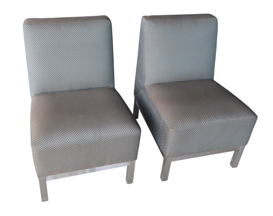 Pair MCM Brushed Steel Base Armless Lounge Chairs: Pair of mid century modern style armless brush steel base lounge chairs, upholstery looks good no issues, no name found, structurally sound. Ea. 34"h x 23"w x 27"d seat height of 19.5"