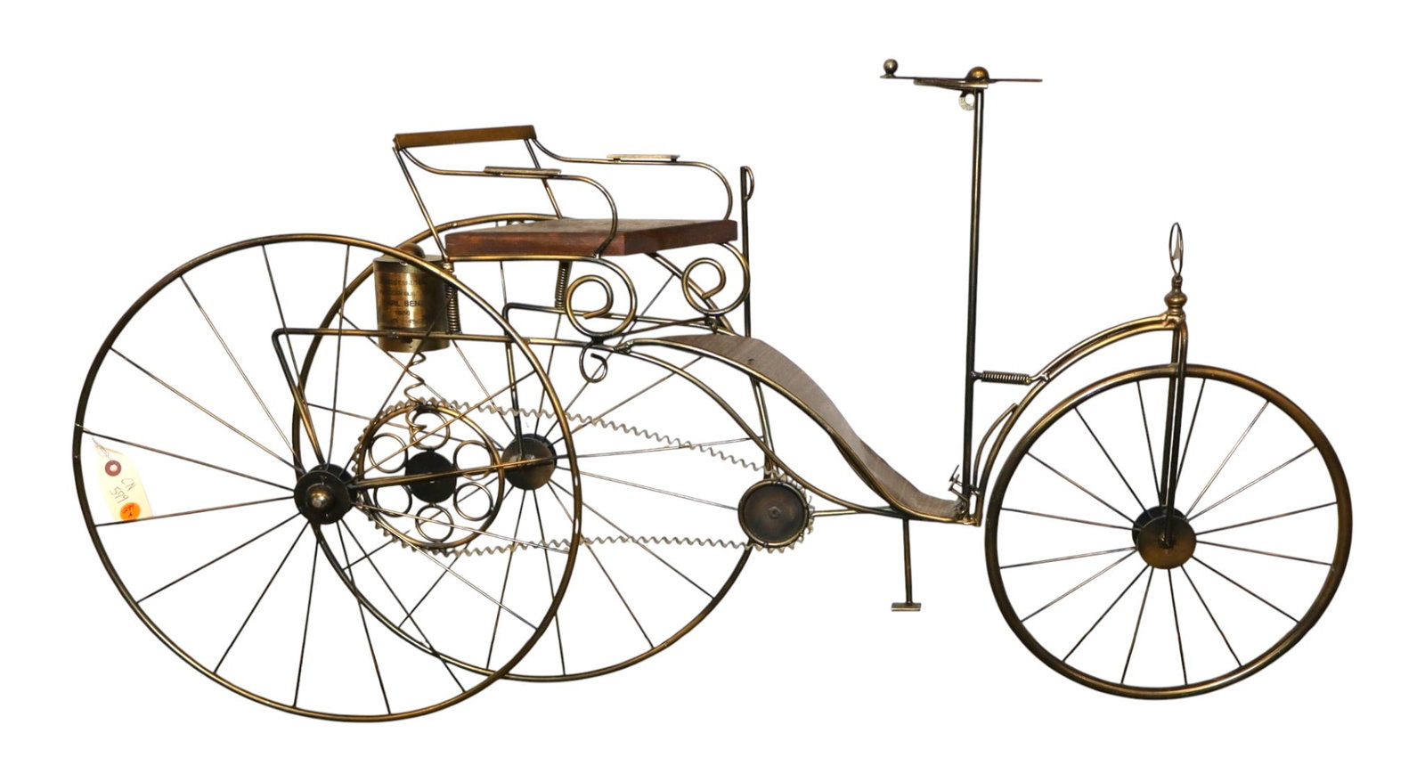1986 Curtis Jere Benz Motorwagen Brass Wall Sculpture: Mid Century Modern vintage Curtis Jere wall art depicting 1886 Karl Benz Motorwagon circa. 1980's. 46"l x 22.25"h x 5"d