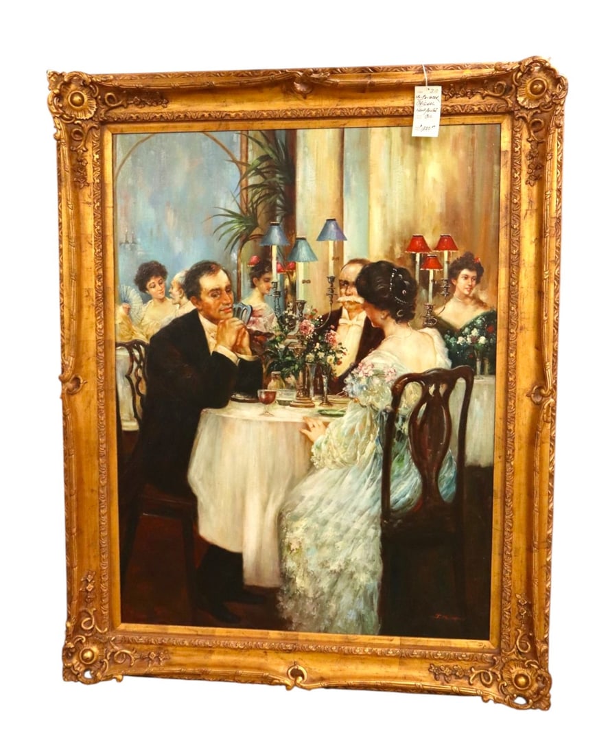 Large Hand-Painted Belle Epoque Dining Oil Painting: Beautiful large original hand painted oil on canvas in fancy carved frame with light, frame is wood and other, very ornate, structurally sound and in good condition with no noticeable issues. Frame 59