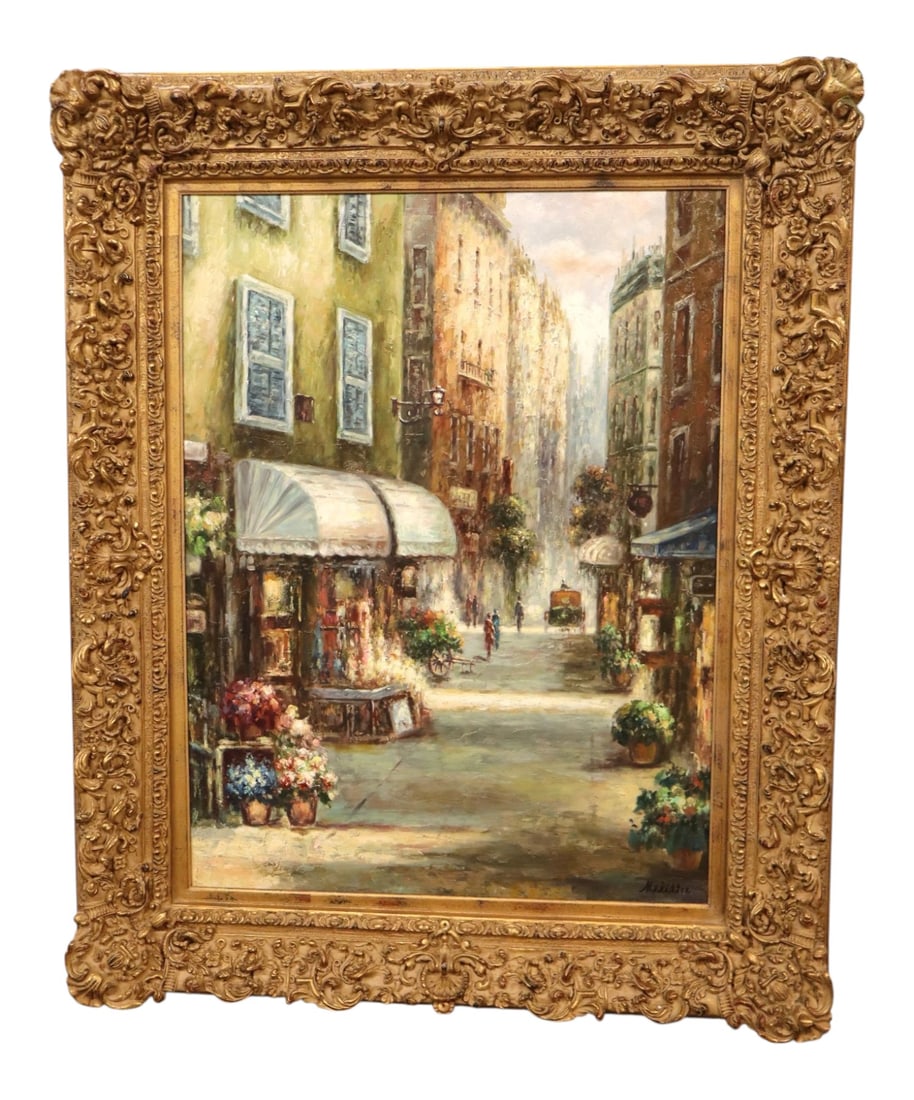 Prestige Arts Framed Impressionist Street Oil Painting: Artist signed original hand painted oil on canvas in ornate heavily carved frame with certificate of authenticity from Prestige Arts, frame is wood and other, structurally sound and in good condition 