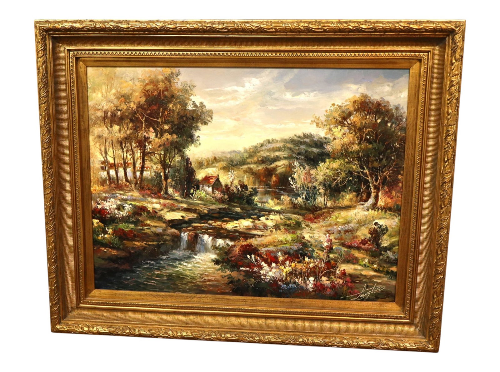 Ornate Framed Langlois Impressionist Landscape Oil: Artist signed original hand painted oil on canvas in ornate heavily carved frame with certificate of authenticity, frame is wood and other, structurally sound and in good condition with no noticeable 