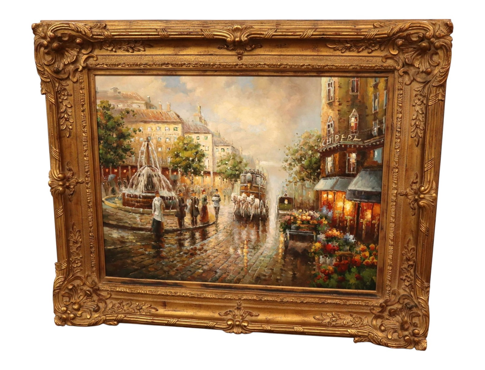 Prestige Arts Framed Parisian Fountain Street Scene: Artist signed original hand painted oil on canvas in ornate heavily carved frame with certificate of authenticity from Prestige Arts, frame is wood and other, structurally sound and in good condition 