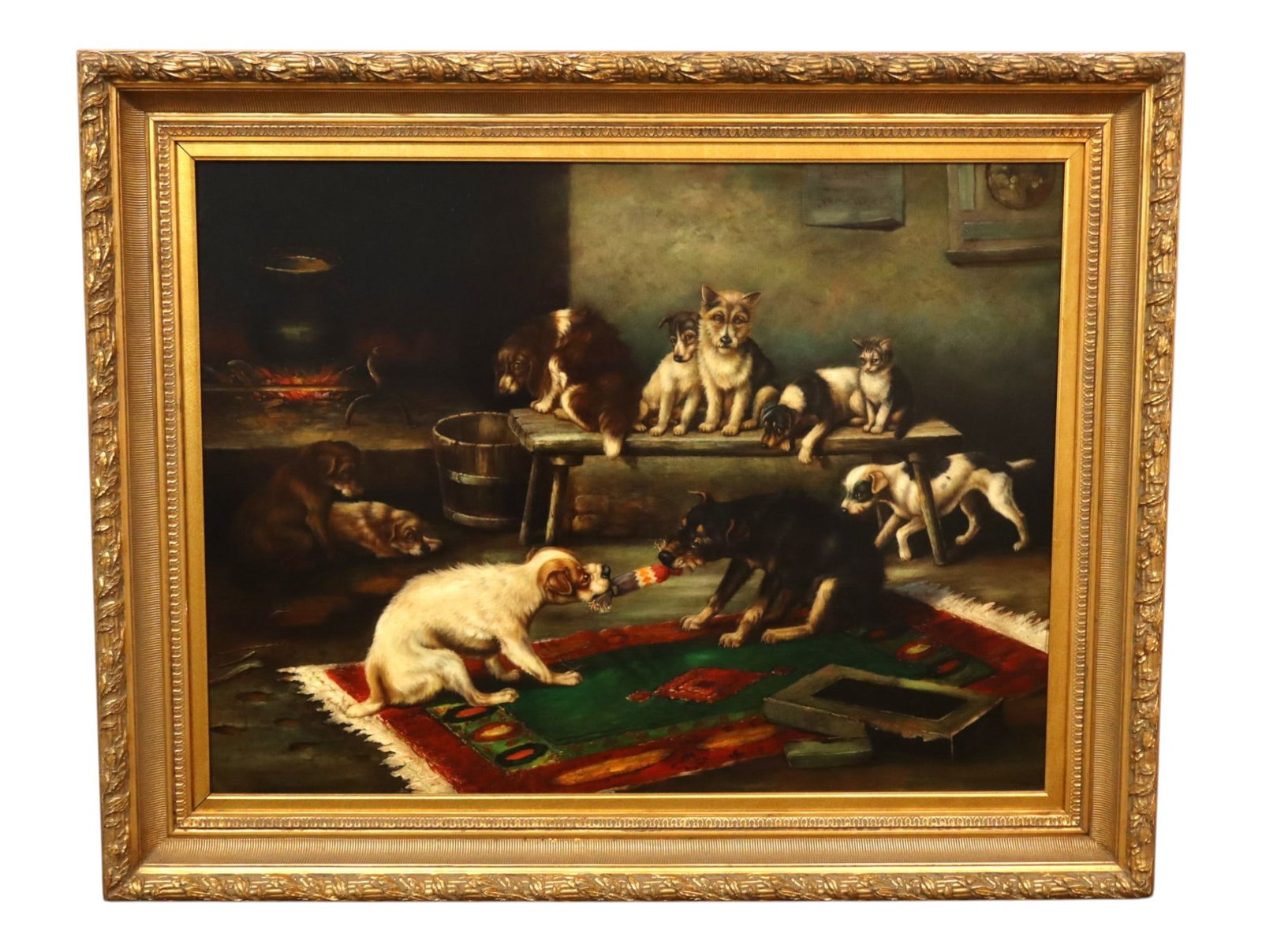 W.H. Trood Oil Painting Dogs Christmas Cracker: Artist signed original hand painted oil on canvas in ornate heavily carved frame in wood and other, structurally sound and in good condition with no noticeable issues. Frame 47"h x 59"h x 3.5"d