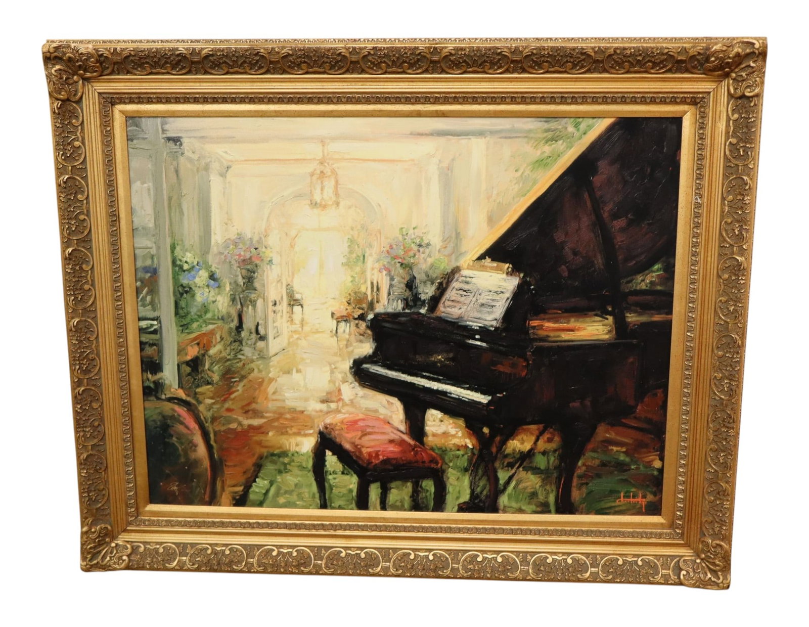 Shortridge Waiting For You Piano Painting Framed: Original artist signed hand painted oil on canvas in carved ornate frame, wood and other, structurally sound and in good condition with no noticeable issues. Frame 40"h x 50.5"w x 2.5"d
