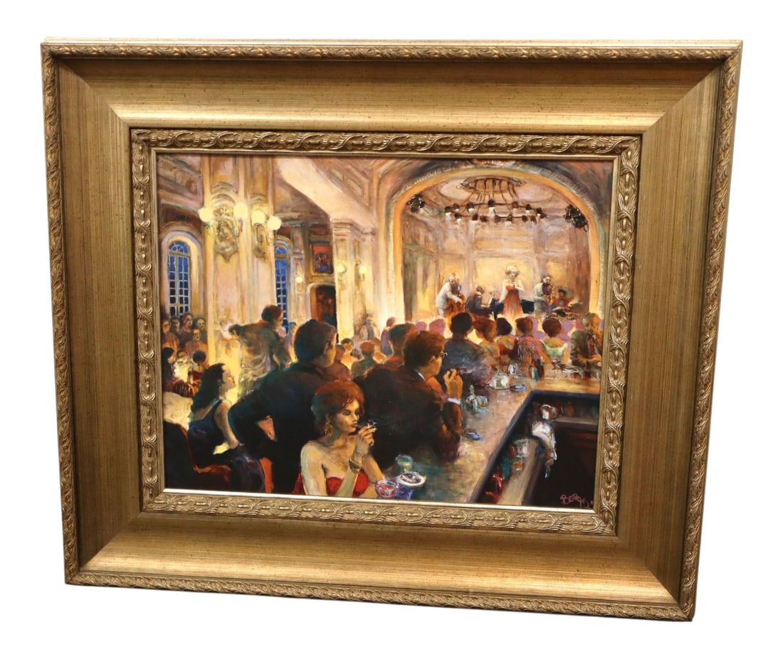 Berc Ketchian Jazz Club Bar Giclee Print Framed: Framed artist signed giclee print in nice contemporary frame, structurally sound and in good condition with no noticeable issues. Frame 35"h x 41"w x 3"d