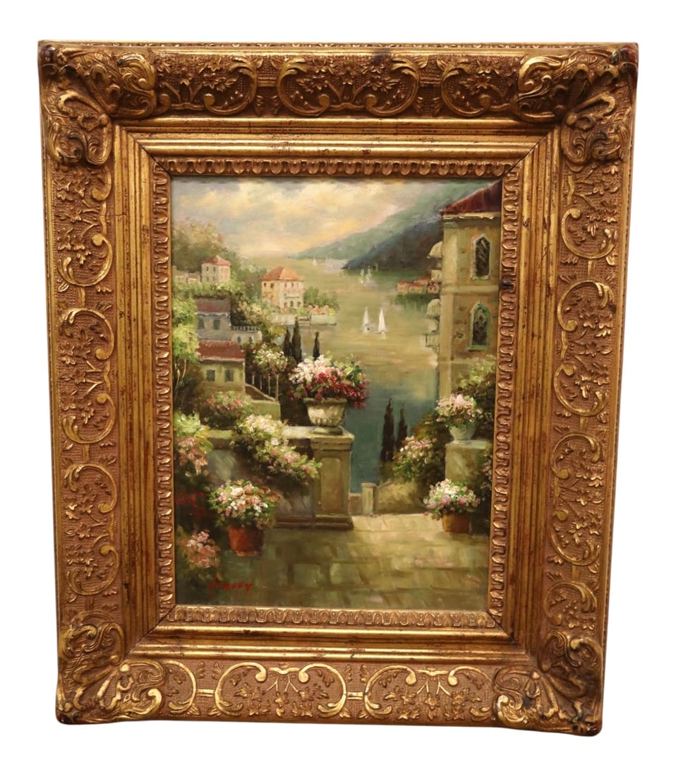 Italian Lake Como Terrace Oil Painting Art Framed: Original artist signed hand painted oil on canvas in carved ornate frame, wood and other, structurally sound and in good condition with no noticeable issues. Frame 24"h x 20.5"w x 3"d