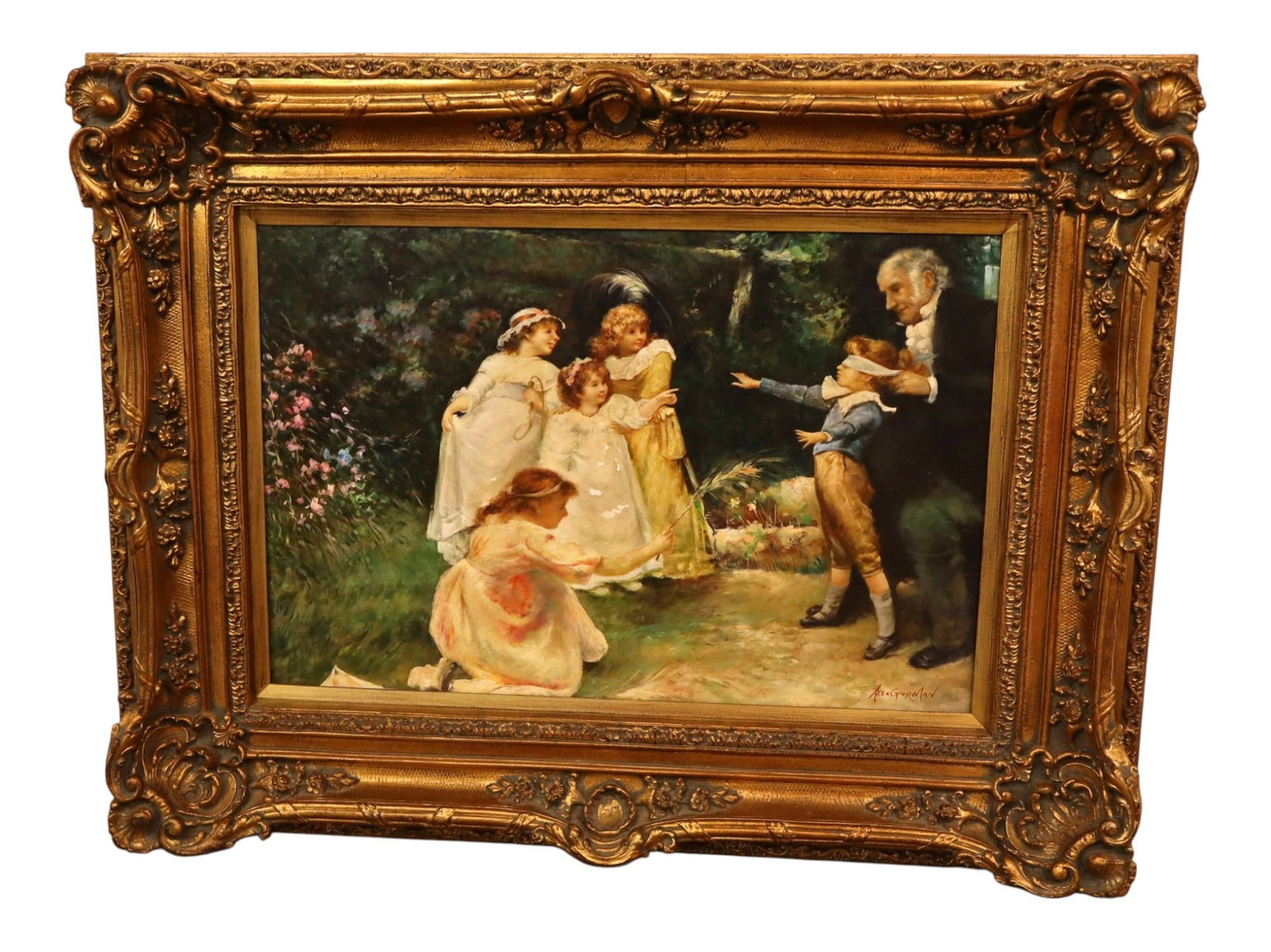 Frederick Morgan Blind Mans Buff Oil Painting Art: Artist signed hand painted oil on canvas in carved ornate frame that has crack, wood and other, structurally sound. Frame 39"h x 51"w x 5.5"d